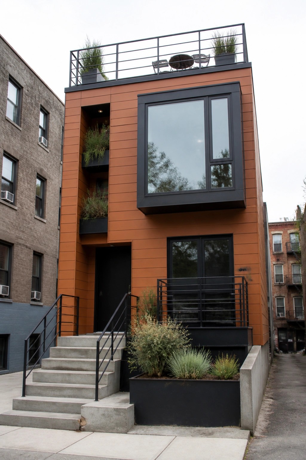A narrow modern house with burnt orange lap siding, black-framed windows of varying sizes, concrete stairs, and a rooftop deck with metal railings.