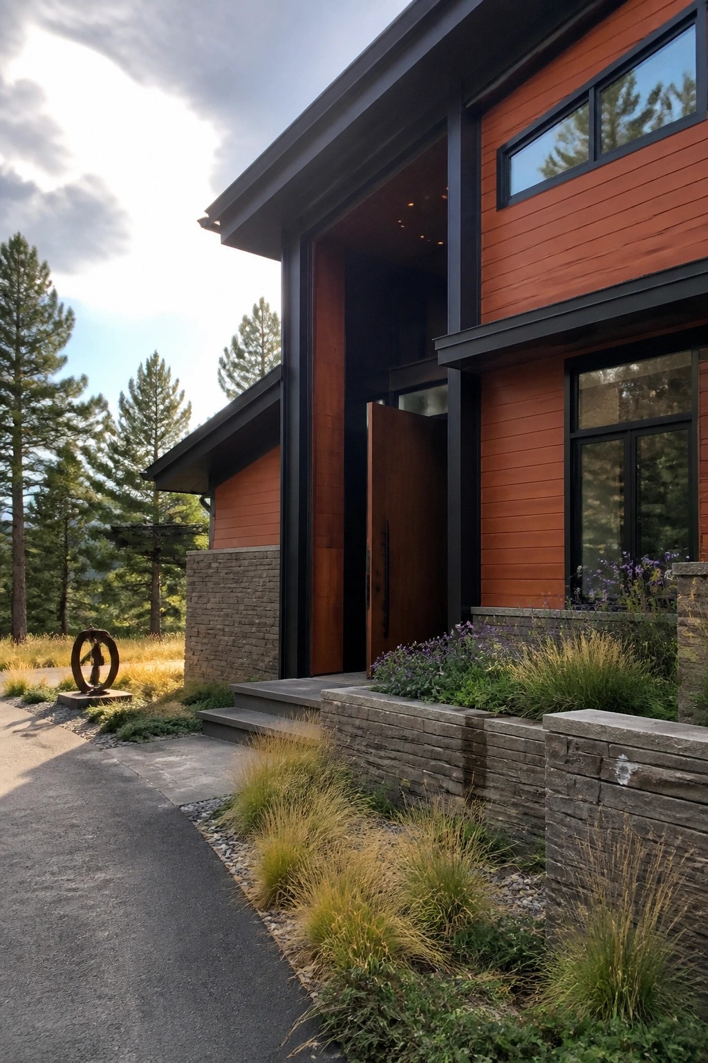 Modern home with orange wood siding, open door, stone steps, and garden landscaping.