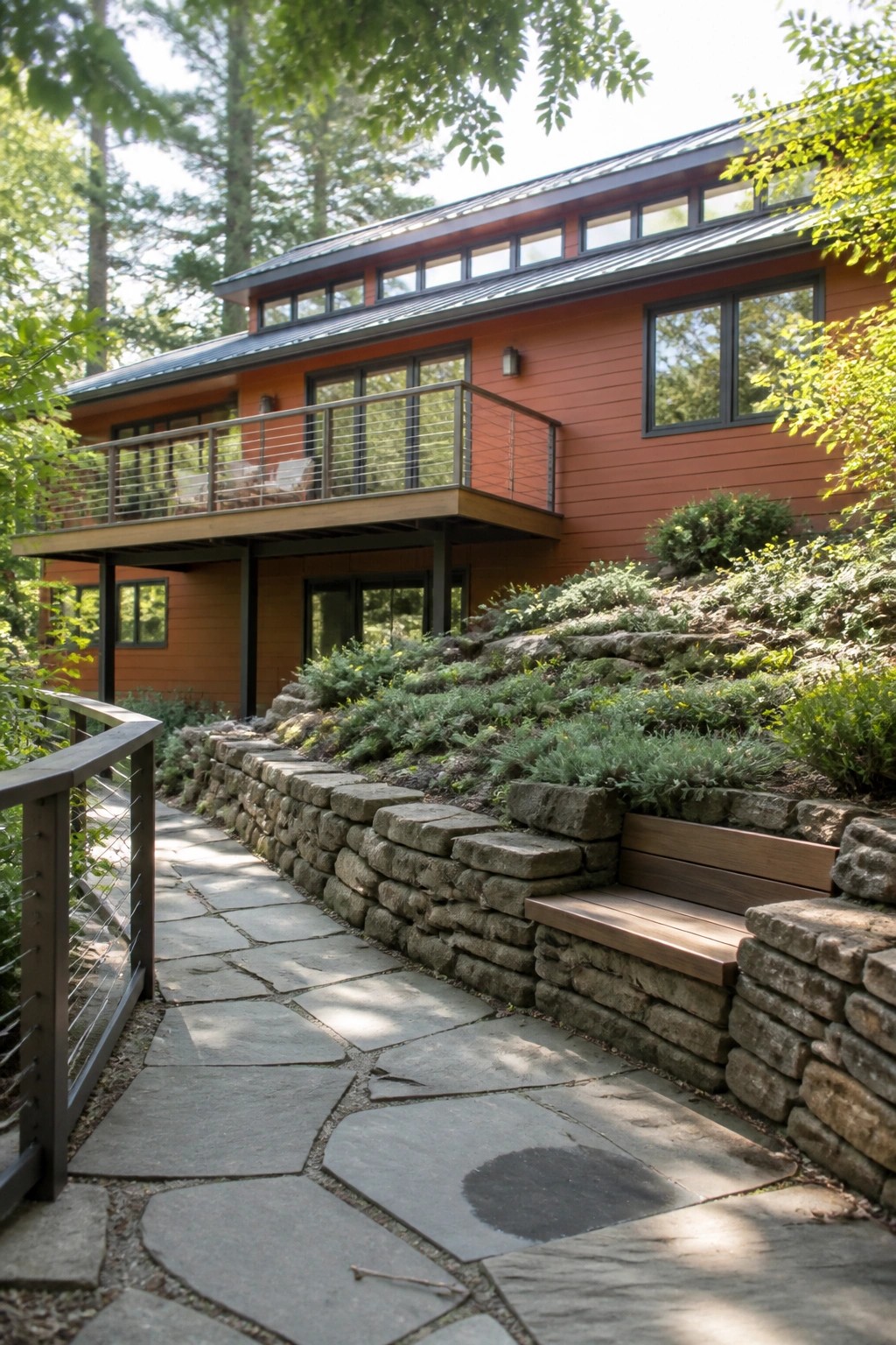 A modern two-story house with burnt orange lap siding, a second-floor balcony with metal railing, and stone retaining walls holding a landscaped slope beside a stone pathway.
