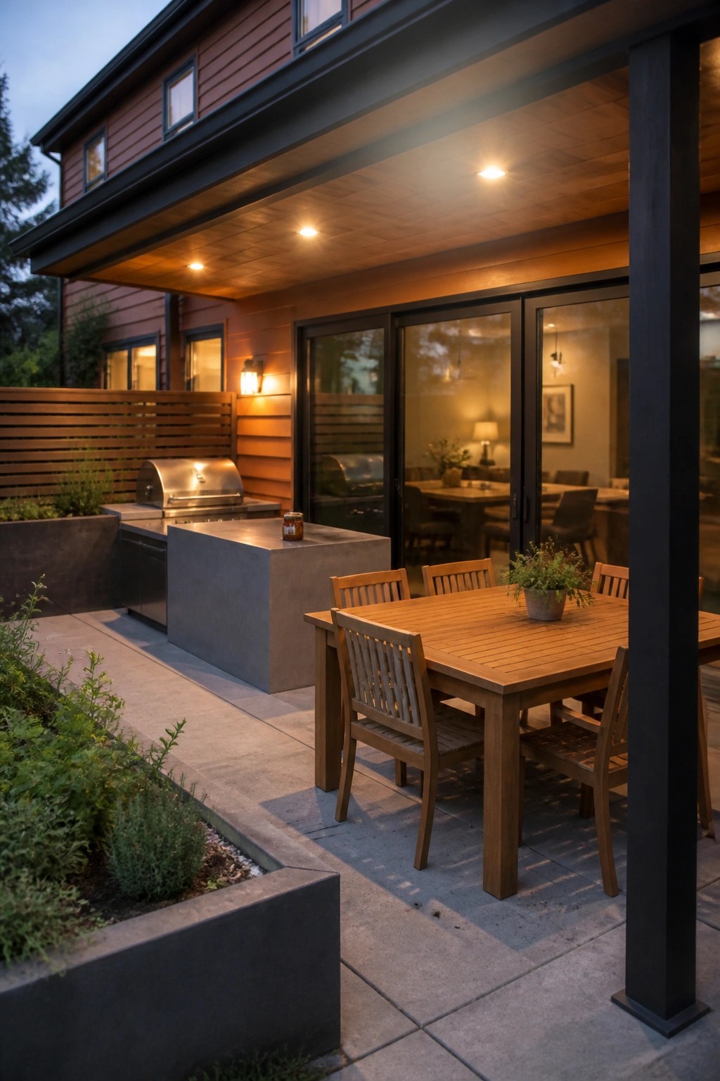 Modern patio with wooden dining table, concrete grill kitchen, and warm evening lights
