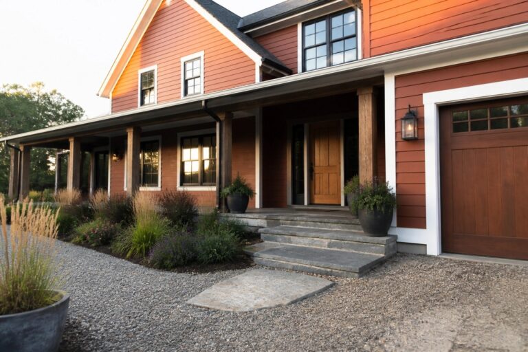 18 Striking Orange House Exteriors Using Burnt Orange Lap Siding Two-story orange house with wooden porch, door, stone steps, and gravel path.