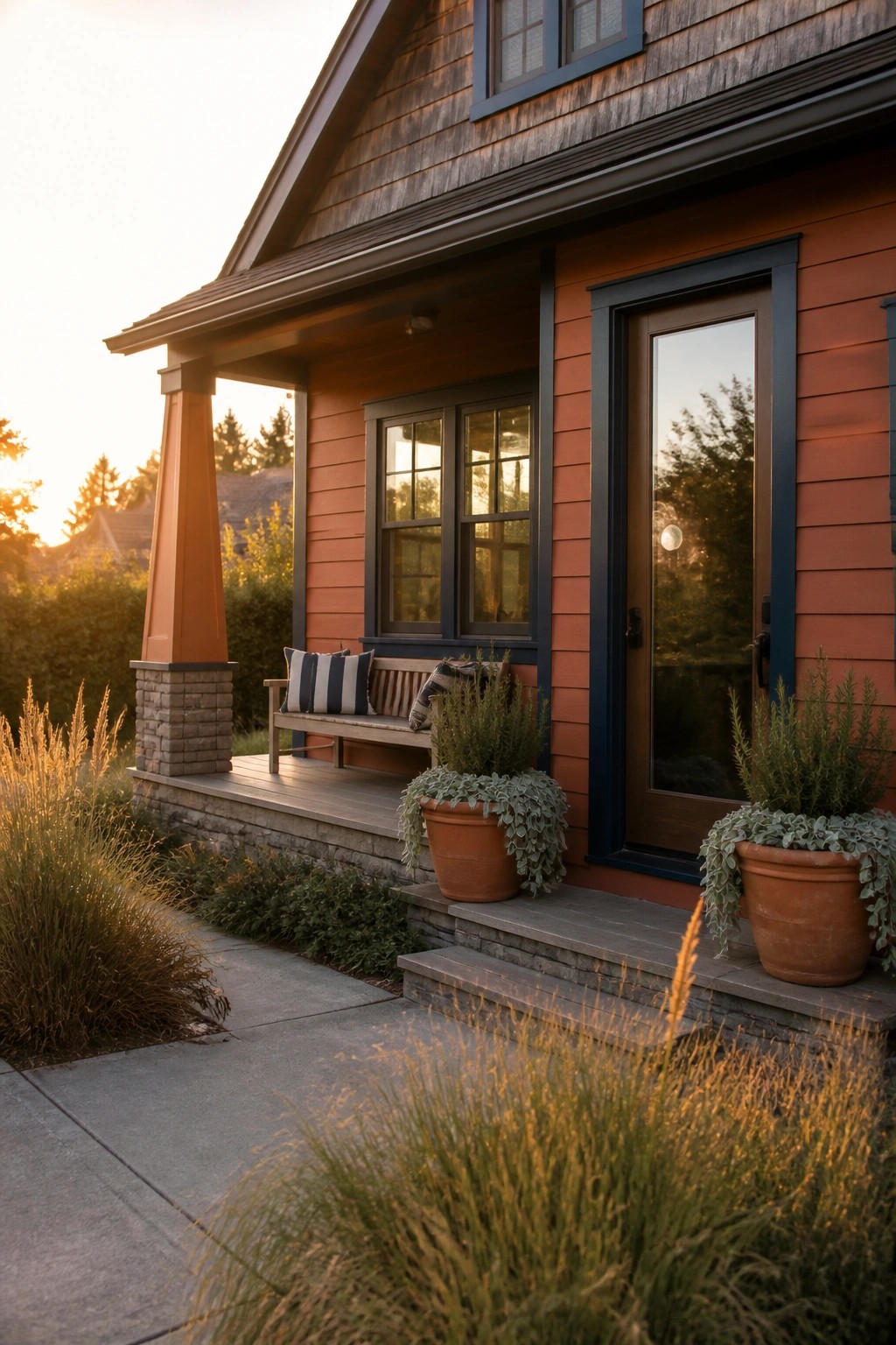 Orange wooden house porch with bench, terracotta pots, stone steps, and golden sunset light.