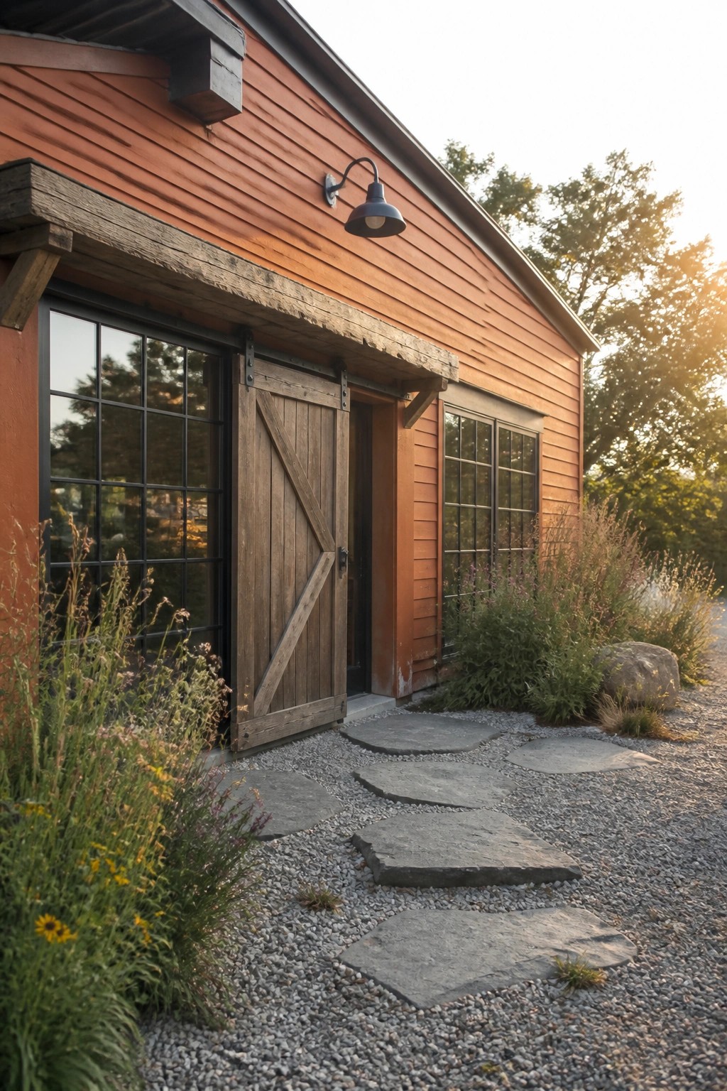A house with burnt orange lap siding features a wooden sliding barn door and black-framed windows, with a gravel path of stepping stones leading to the entry.