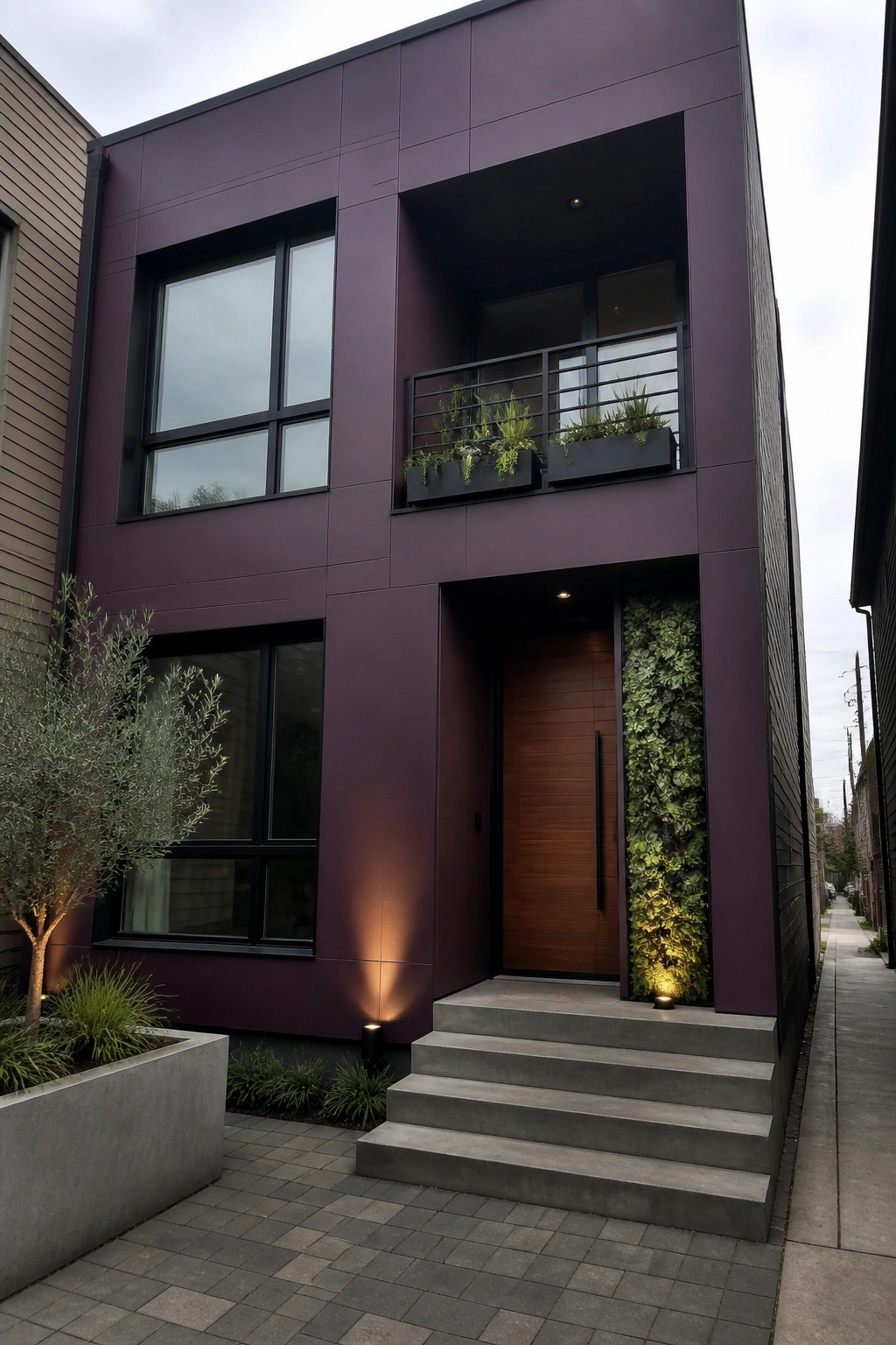 Modern purple building with wooden door, concrete steps, balcony, and vertical garden.