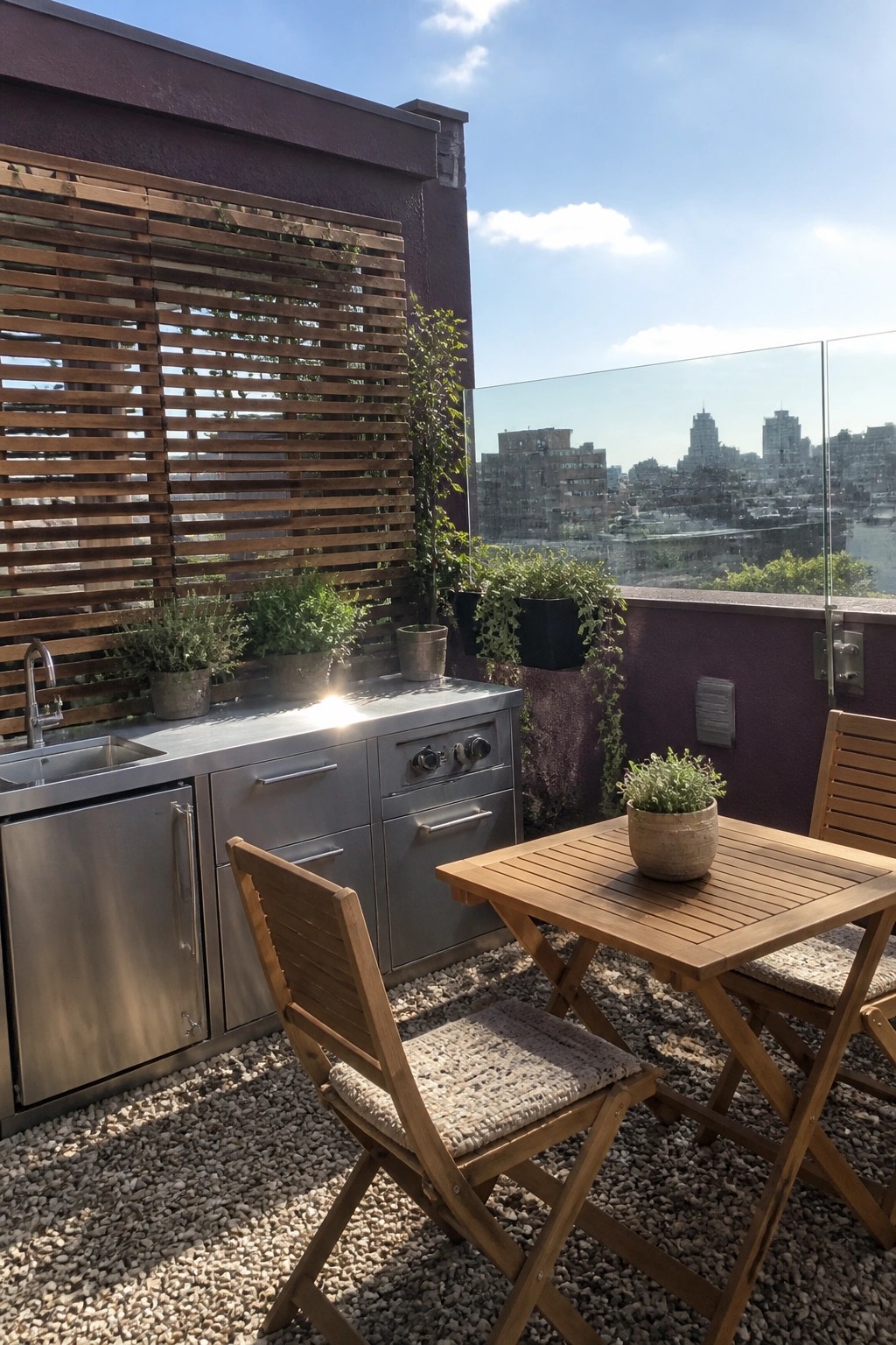 An outdoor kitchen with stainless steel appliances sits against a purple wall on a gravel patio, next to a wooden table and chairs overlooking a city skyline.
