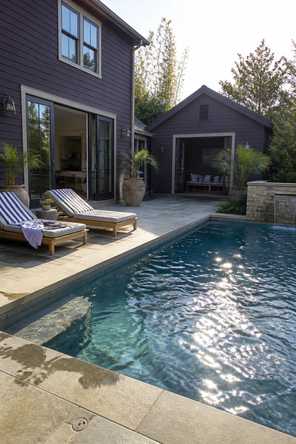 A two-story house with dark purple siding, large glass doors, and a swimming pool on a stone patio with two lounge chairs.