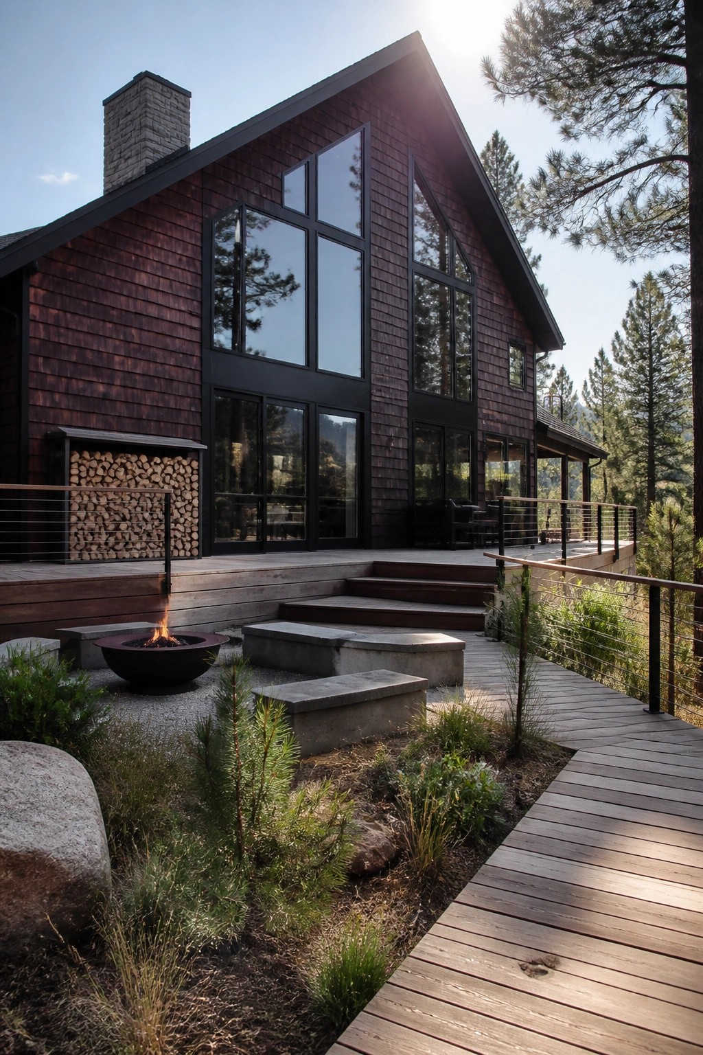 A large modern house with dark aubergine wood siding, black window frames, a stone chimney, and a wooden deck with steps leading to a fire pit area.
