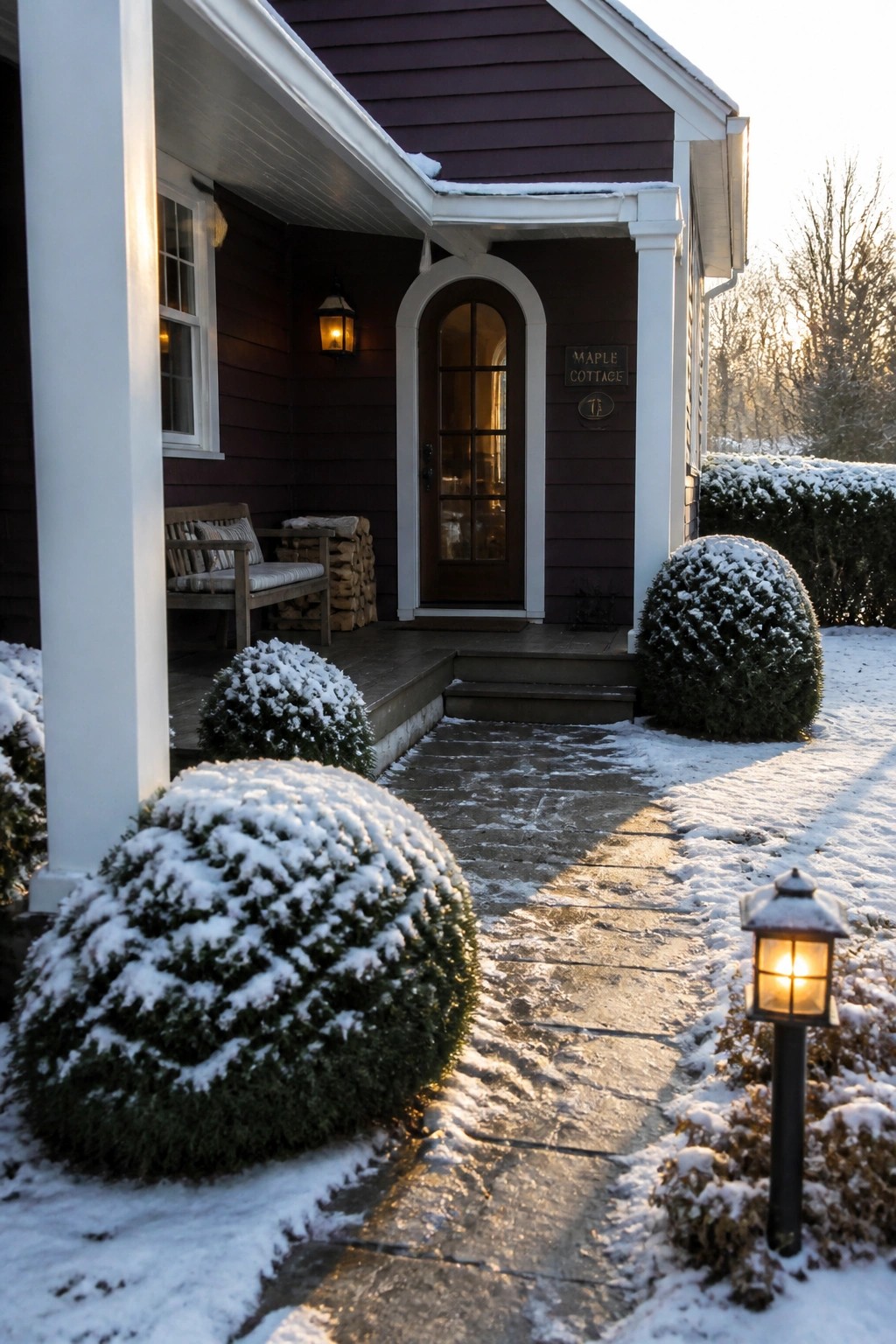 Front view of a house with deep purple siding, white trim, an arched wooden door, and snow-covered shrubs along a stone path.