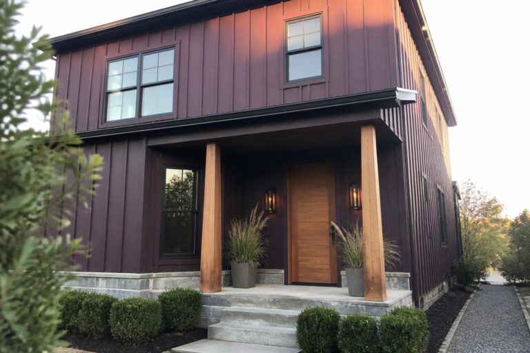 A two-story modern house with aubergine vertical siding, black trim, a wooden front door, stone foundation, and two large potted grasses on the concrete porch.