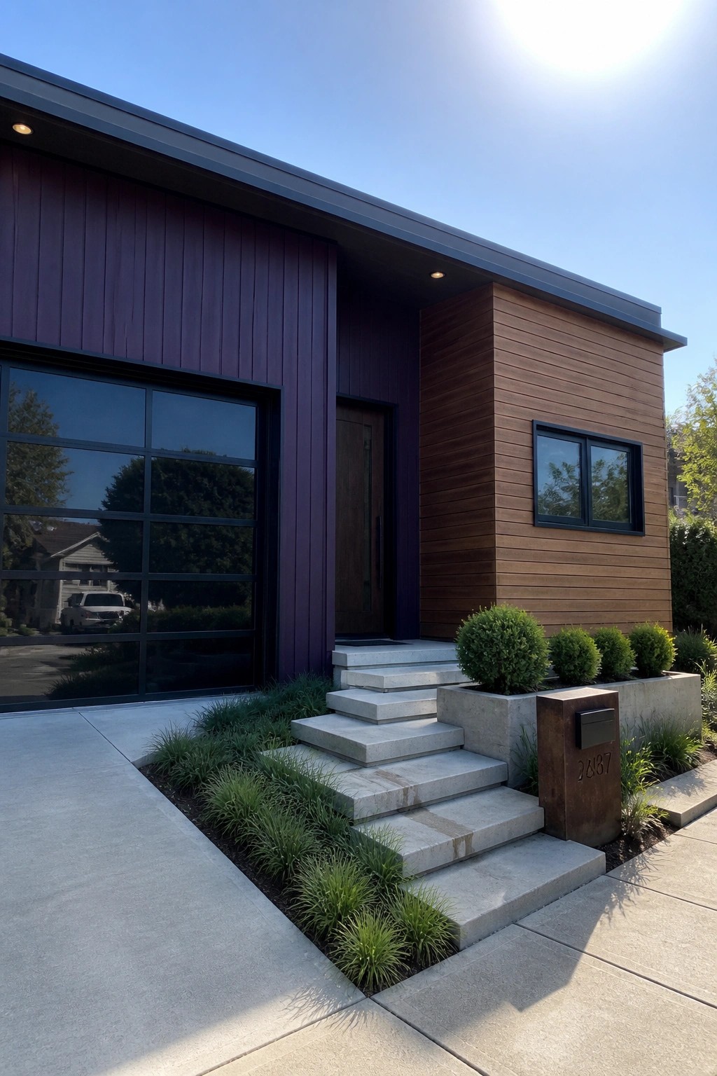 Modern house exterior with aubergine vertical siding on the main volume, brown wood siding on the right section, concrete entry steps, and a large black-framed garage door.