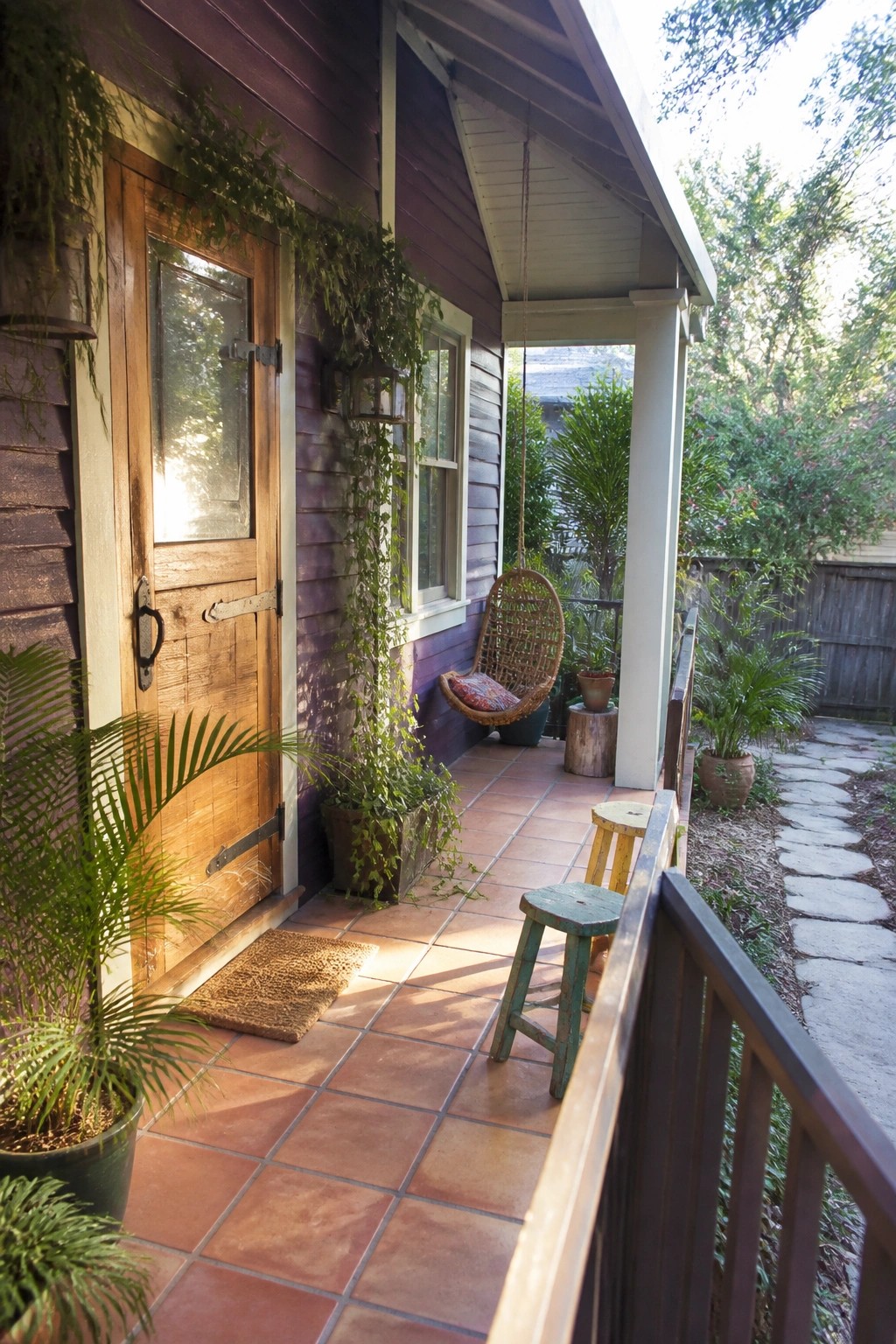 A house porch with aubergine wood siding, a brown wooden door, a hanging chair, and terracotta tile flooring.