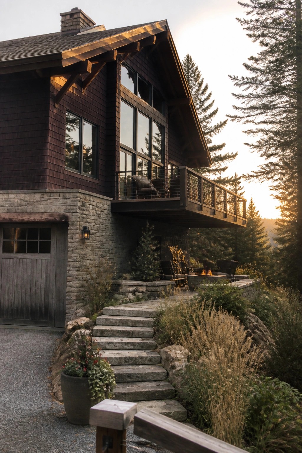 Modern dark wood house with stone base, balcony, steps, and fire pit at sunset.