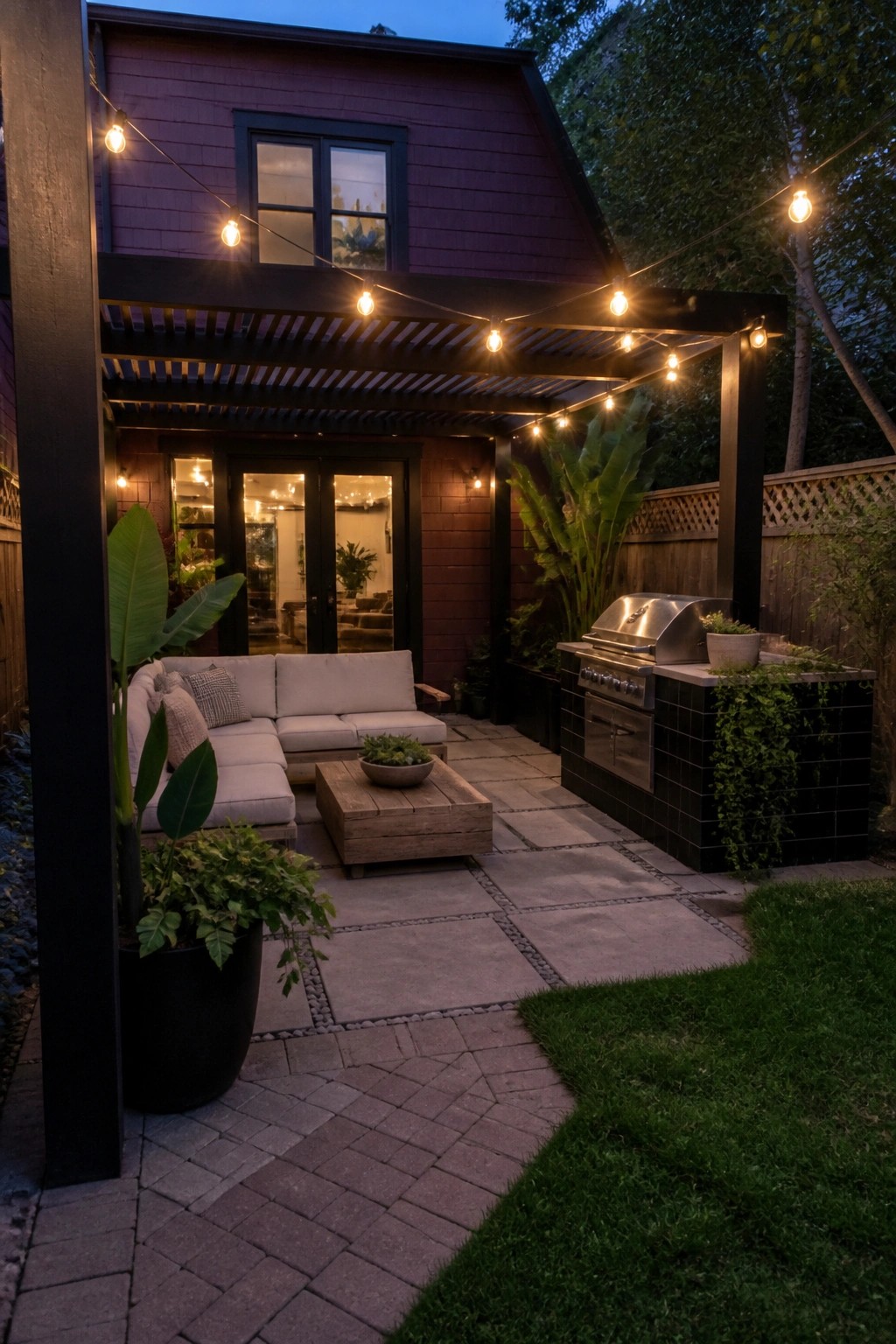 Cozy dusk patio with beige sectional sofa, wooden table, black-tiled grill, and string lights.