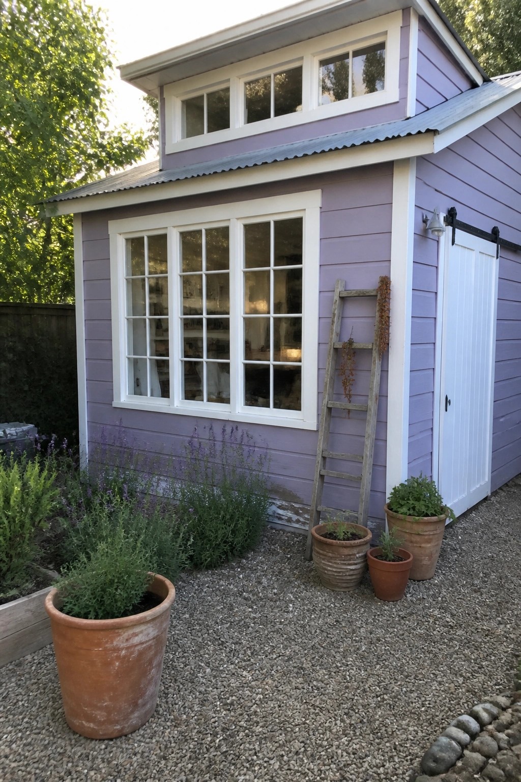 Lavender shed with white trim, large window, leaning ladder, and potted plants on gravel.
