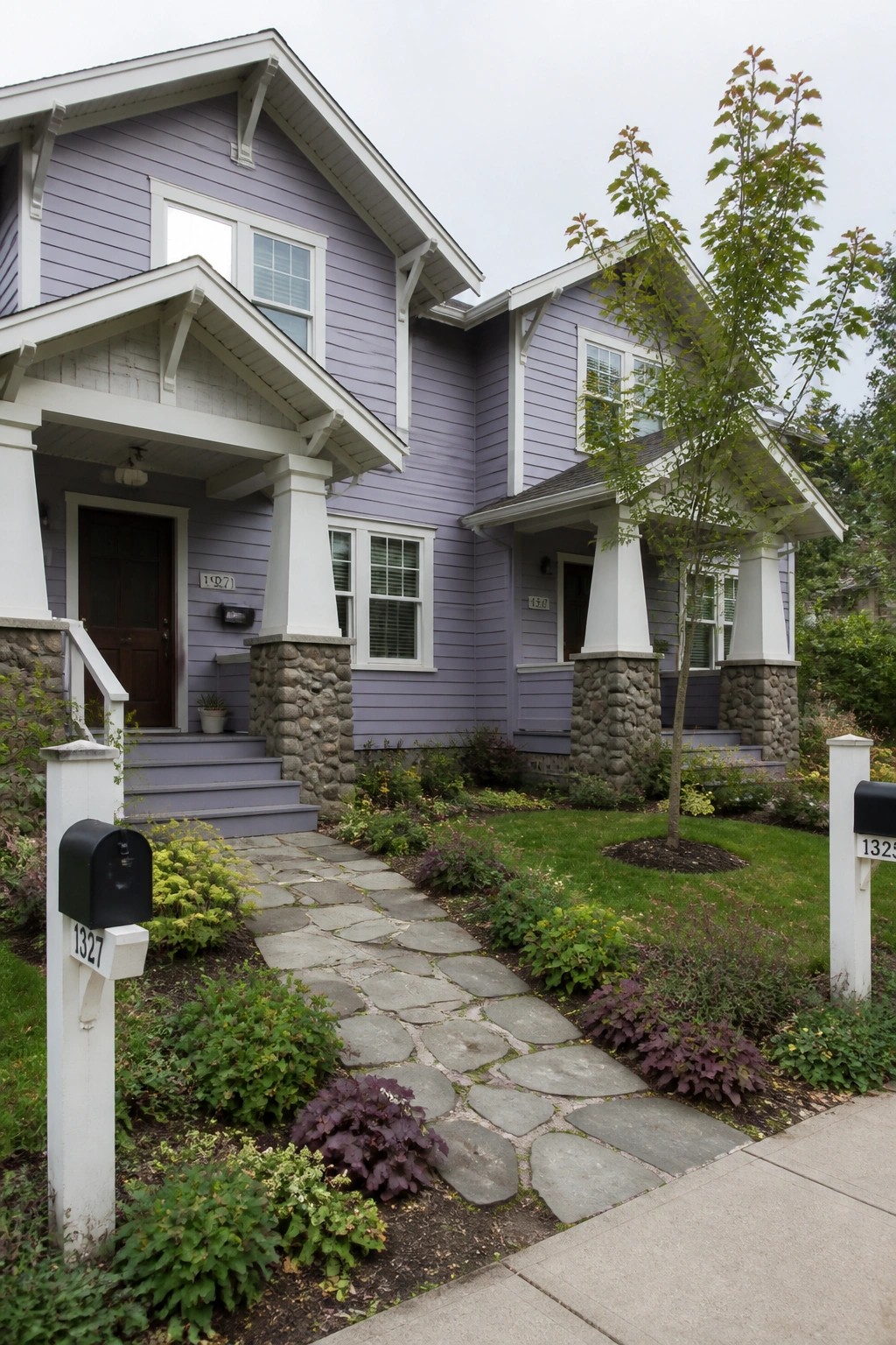 A two-story house with lilac siding, white trim, stone porch columns, and a stone pathway leading to the front door.
