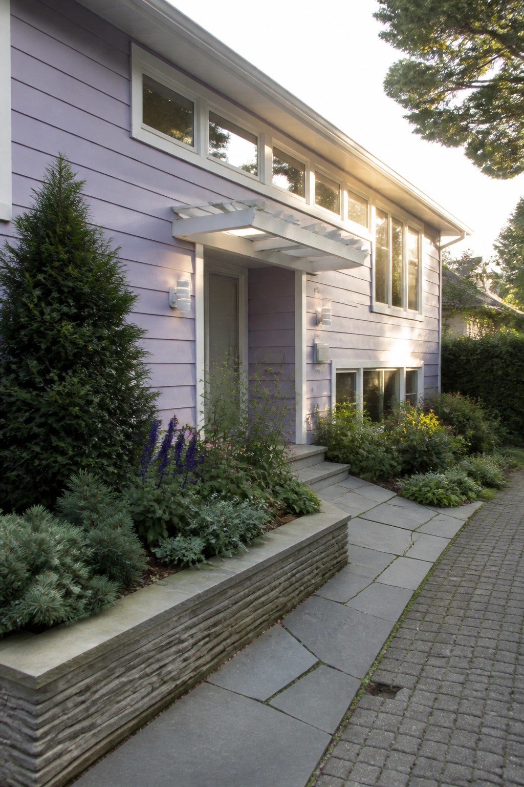 Purple house with white trim, door, windows, garden, and stone walkway.
