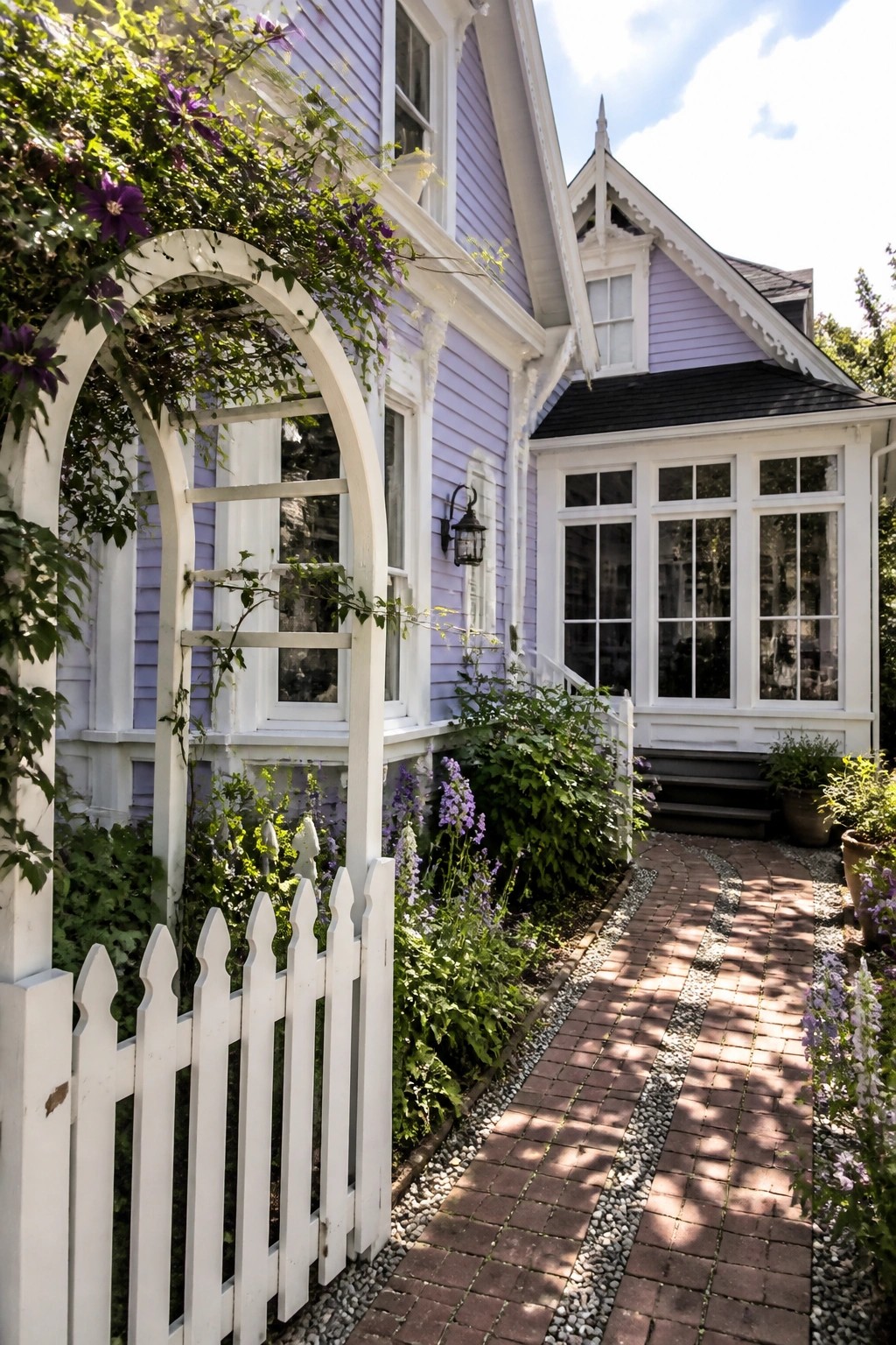 A lilac house with white trim features an arched white gate, a brick pathway, and flowering vines along the front.