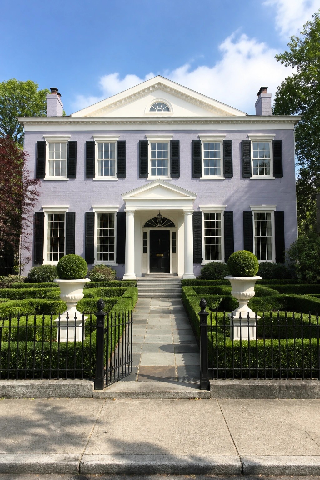 A two-story lilac house with white trim, black shutters, a columned portico entrance, and a formal hedge garden with stone path leading to the front door.