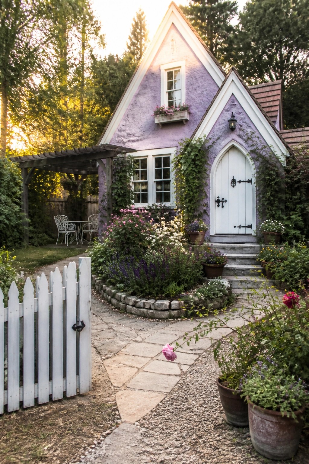 A lilac house exterior with white trim, an arched white door, and a stone path leading to the entrance lined with flowers and potted plants.
