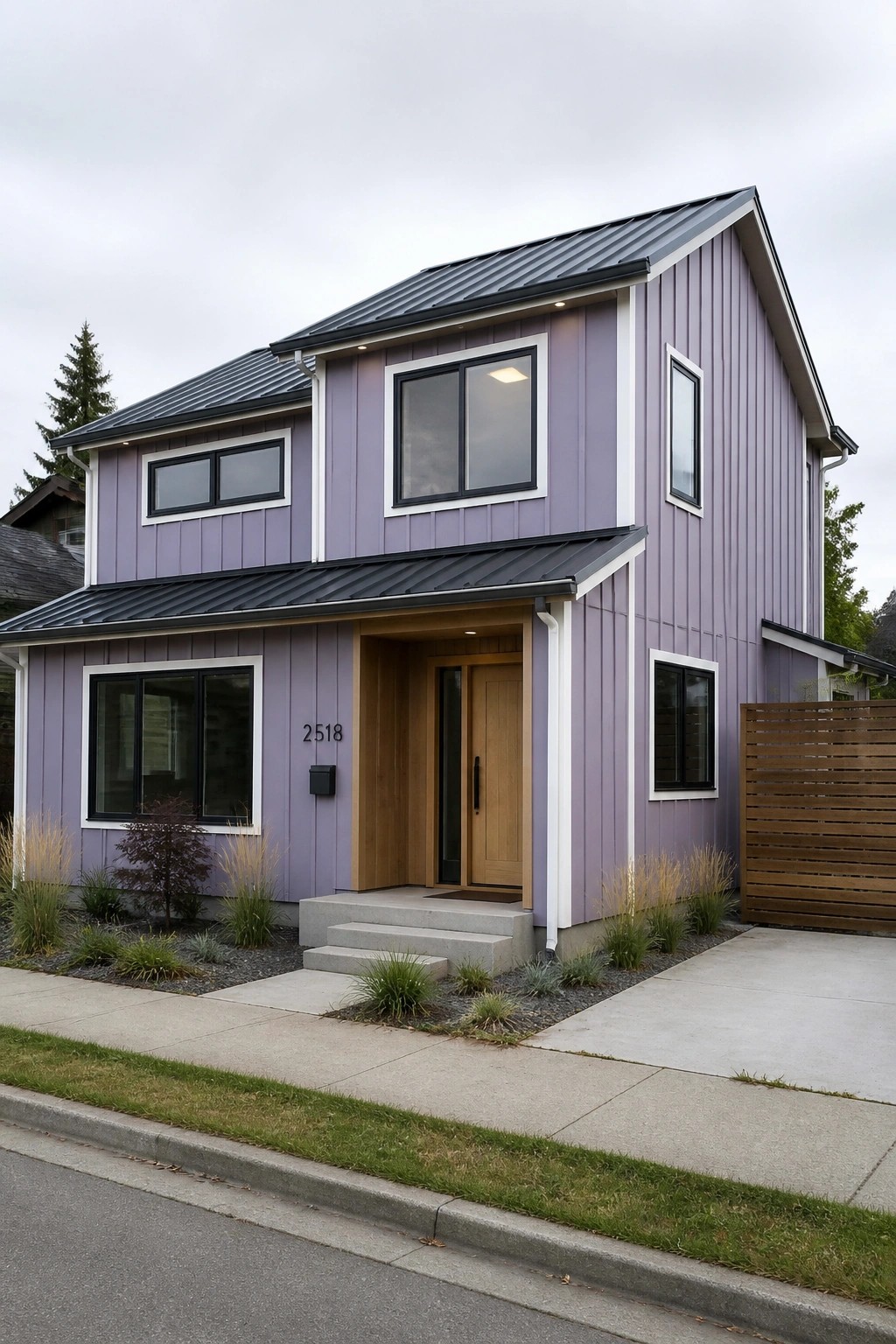 A two-story house with lilac siding, white trim around windows and corners, a black metal roof, and a wooden front entry with concrete steps.