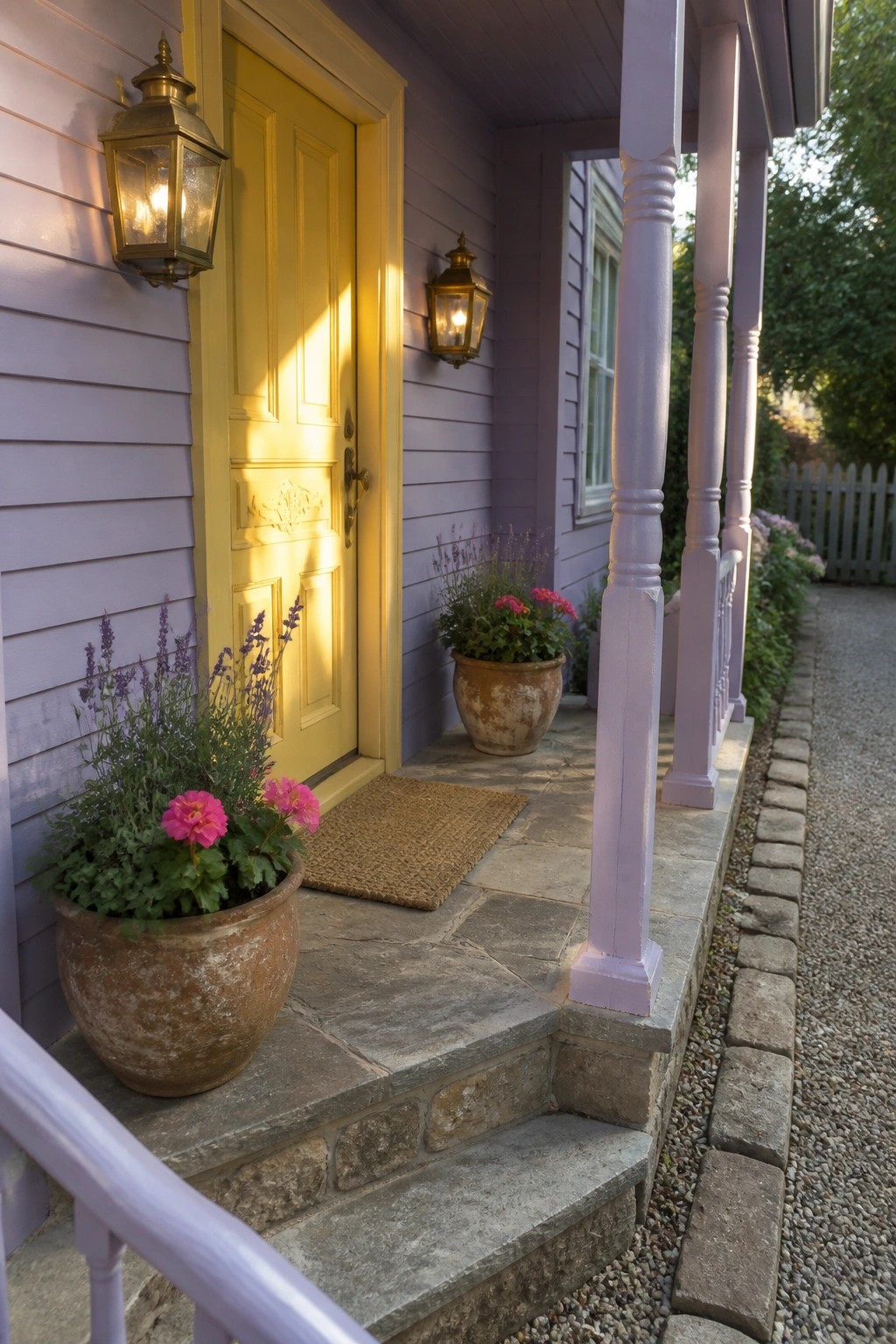 A lavender sided house with a yellow front door, lit brass lanterns on either side, stone steps, and potted plants on the porch.