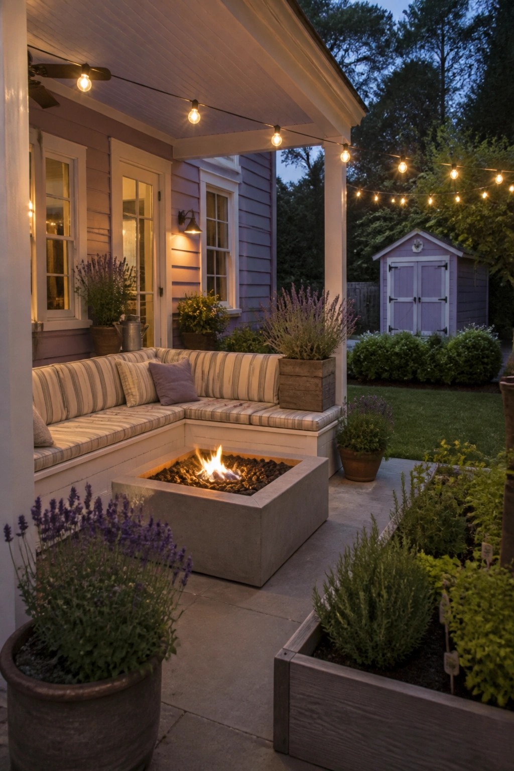A covered porch with lavender siding shows an L-shaped built-in bench around a concrete fire pit, string lights overhead, and potted lavender plants nearby.