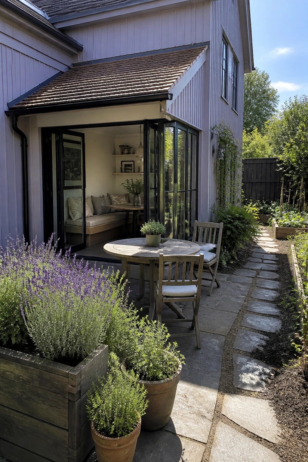 Round wooden patio table with chairs beside open glass doors of lavender house with potted plants.