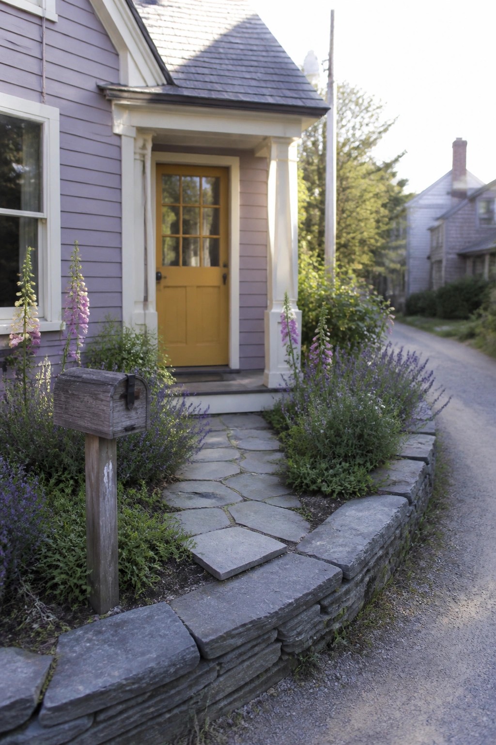 A lavender purple cottage exterior with a yellow door, stone pathway, low stone wall, and flowering plants along the front.