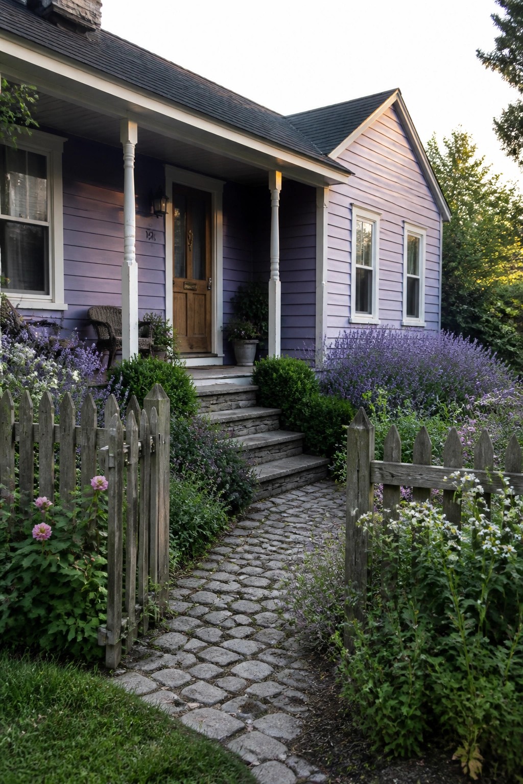 A single-story cottage with lavender siding, white trim, a wooden front door, stone steps, and a cobblestone walkway bordered by flowers and a wooden picket fence.