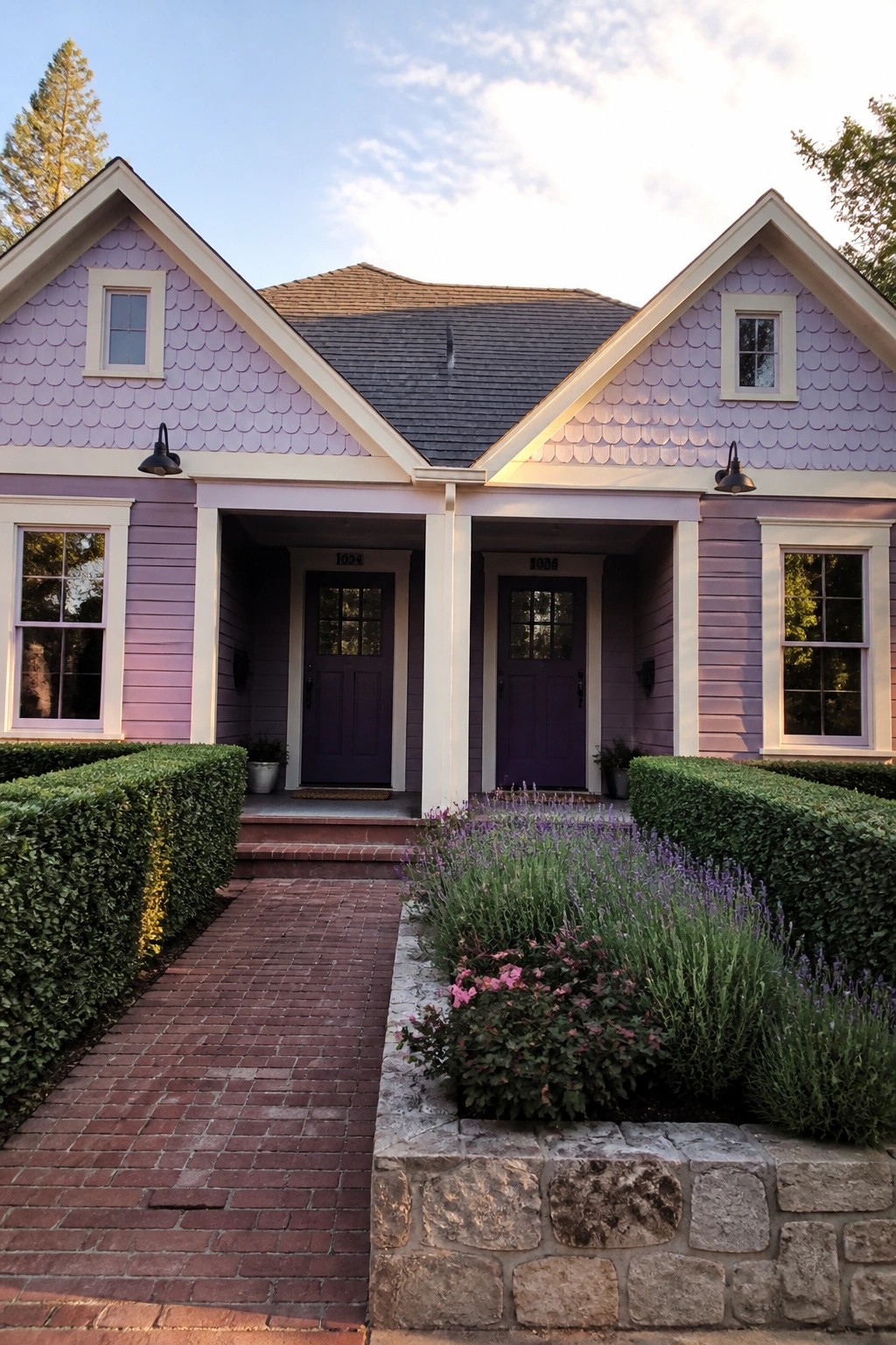 A lavender purple cottage exterior with two matching purple doors, white trim, and a brick path leading to the entrances.