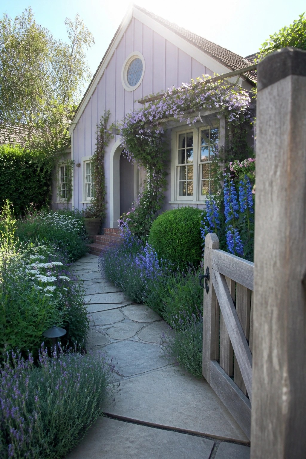 A lavender cottage exterior with white trim, climbing purple flowers over the windows, a stone path, and garden beds on either side.