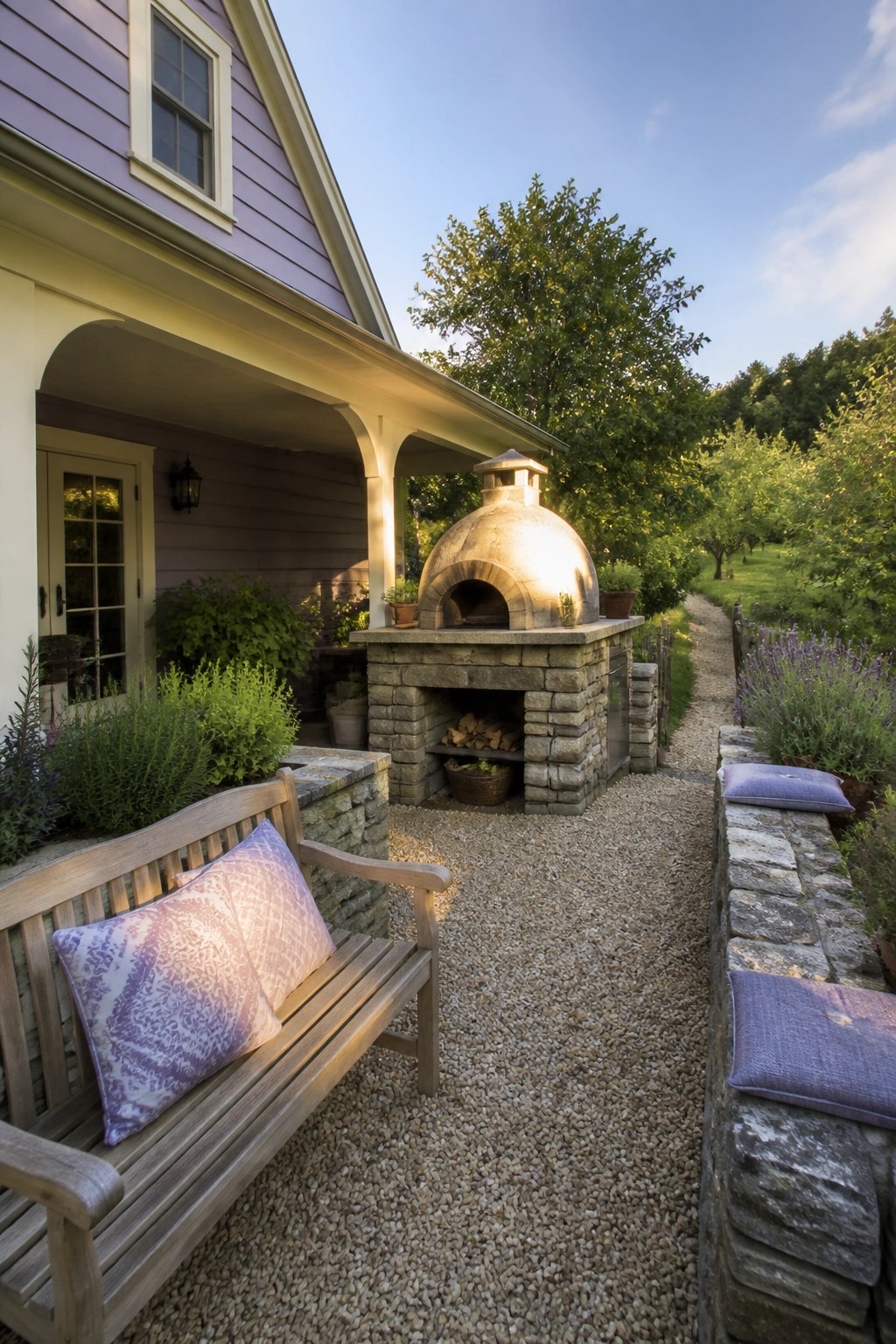 A lavender-sided cottage exterior with an attached stone pizza oven, wooden bench on gravel, and surrounding greenery.