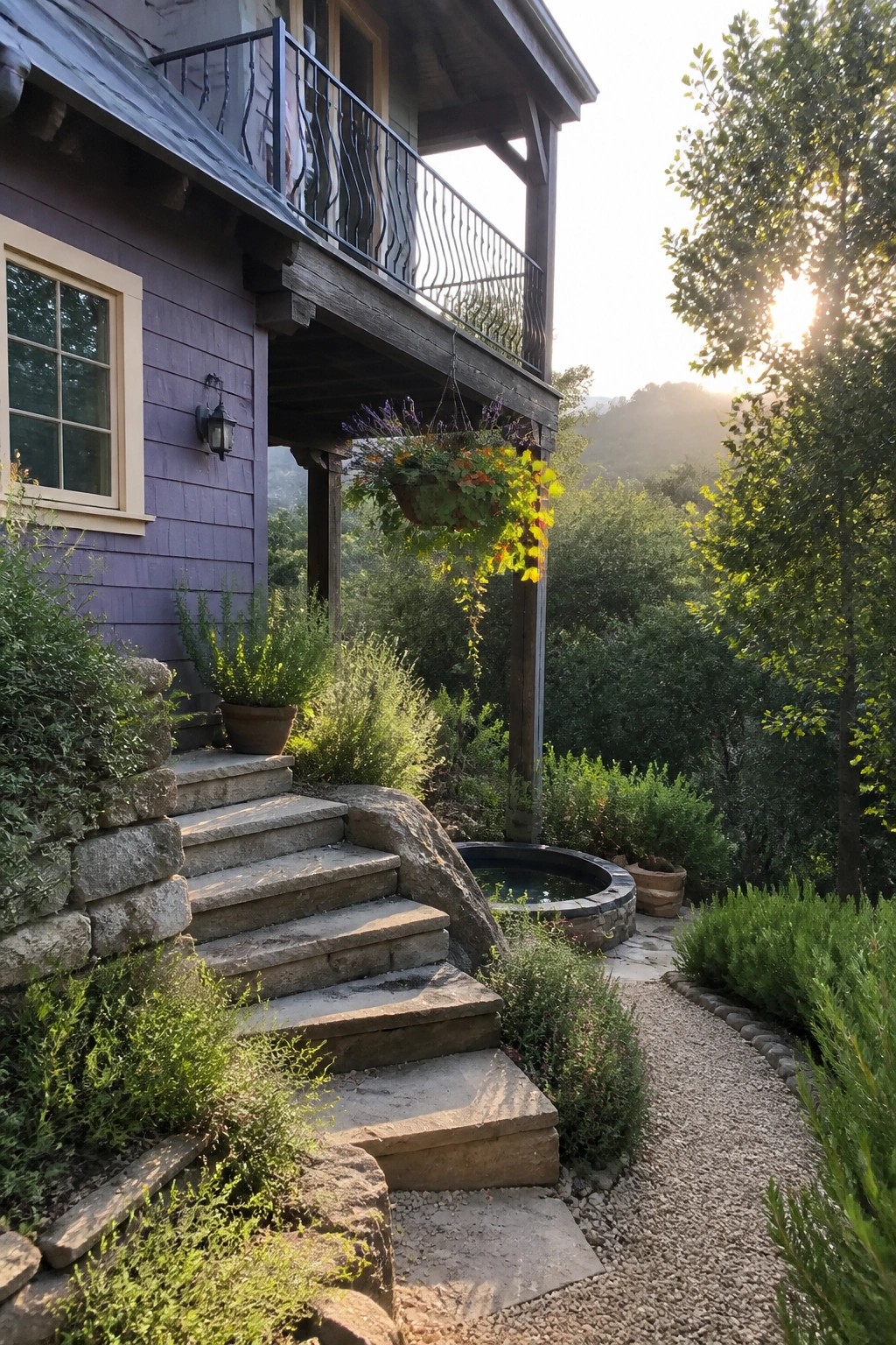 Purple house with balcony, stone steps, hanging flowers, gravel path and garden pond.