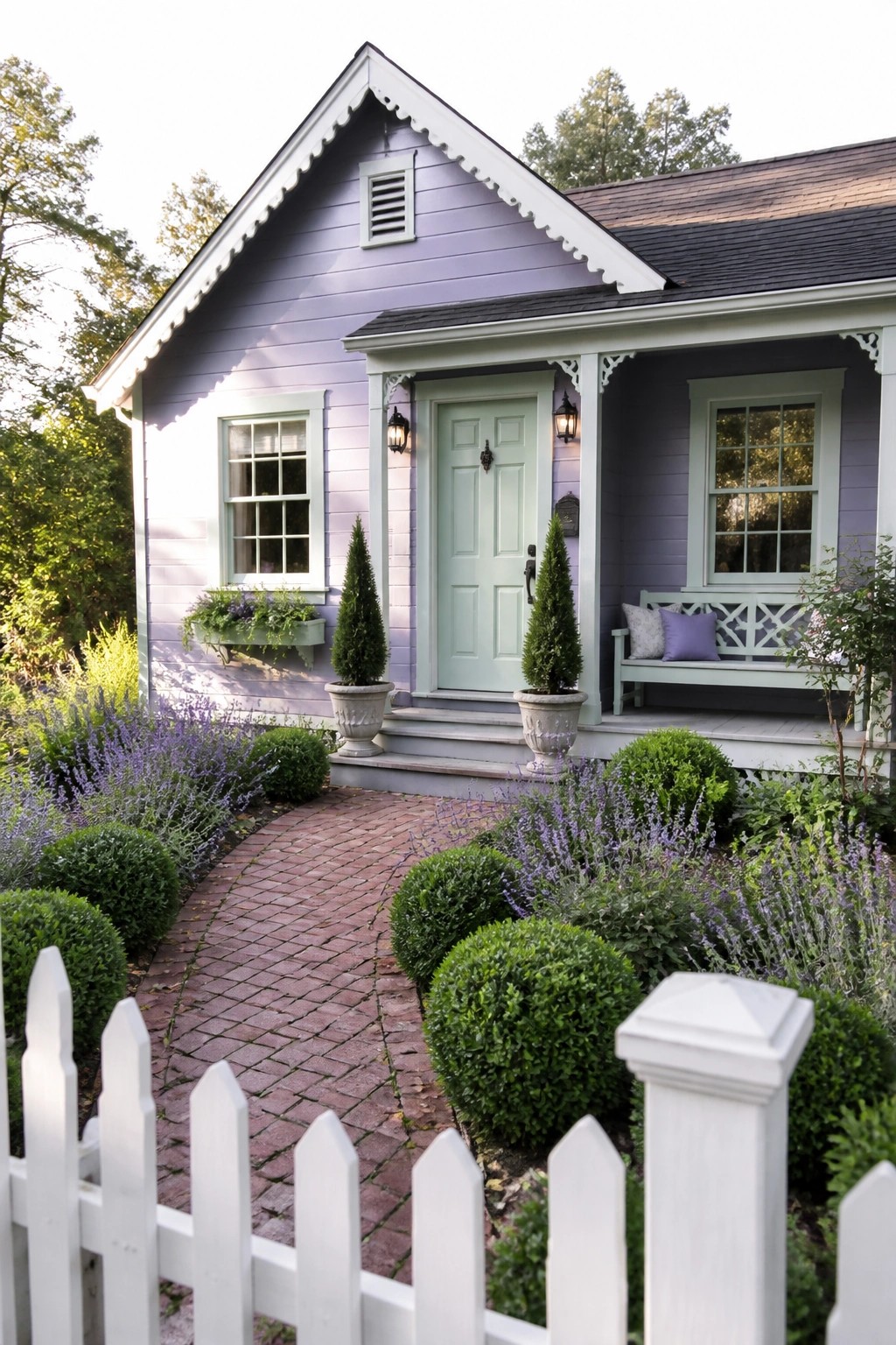 A lavender cottage exterior with white trim, mint green door and porch details, brick walkway, and lavender plantings along the front.