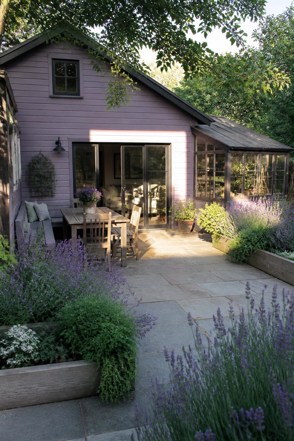 A lavender purple cottage with black trim, glass doors, and a stone patio bordered by raised beds of lavender and other plants.