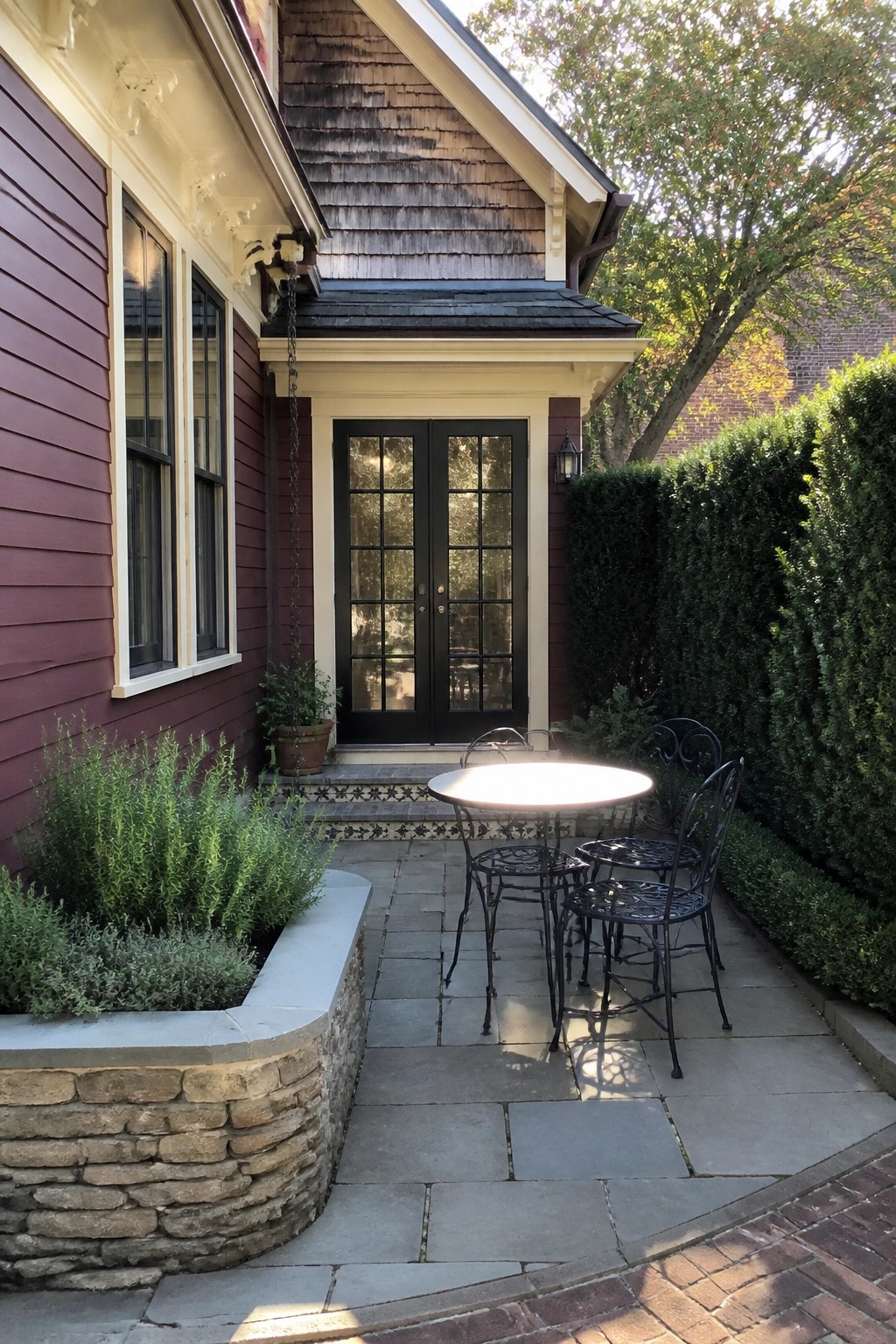 A burgundy Victorian house with cream trim, black double doors, windows, and a stone patio with black metal table and chairs.
