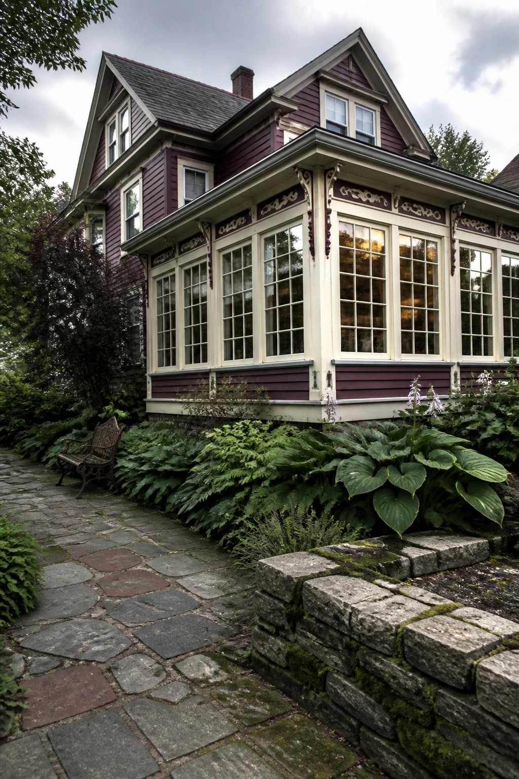 Purple Victorian house with white sunroom amid lush garden and stone path