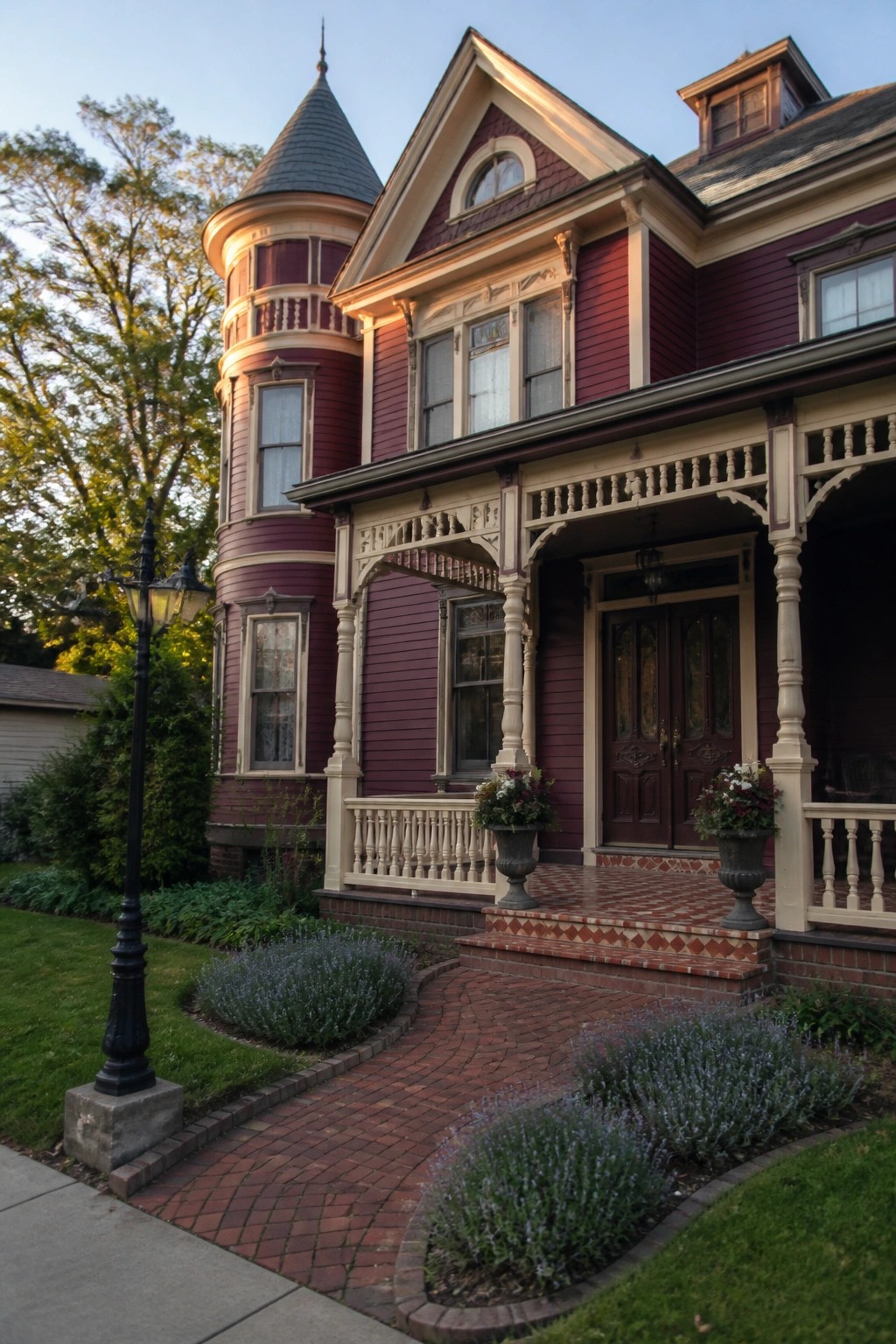 A burgundy Victorian house exterior with ornate cream trim, a round turret, and a brick path leading to the front porch.