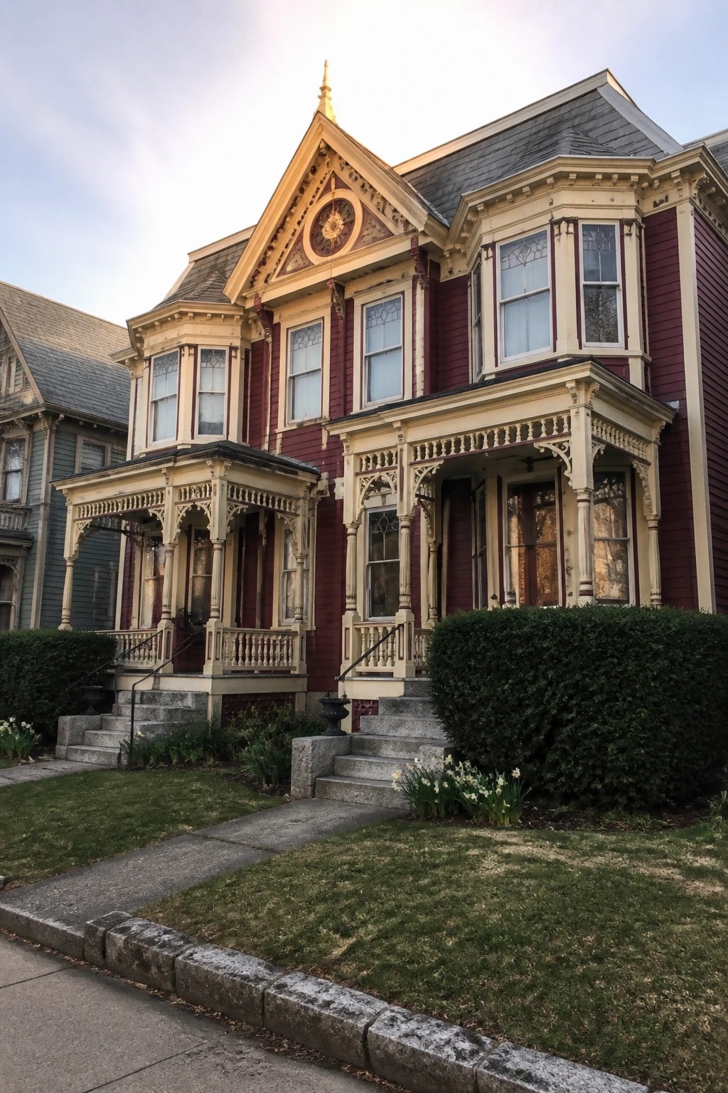 Ornate maroon Victorian house with cream trim, bay windows, and stone front steps.