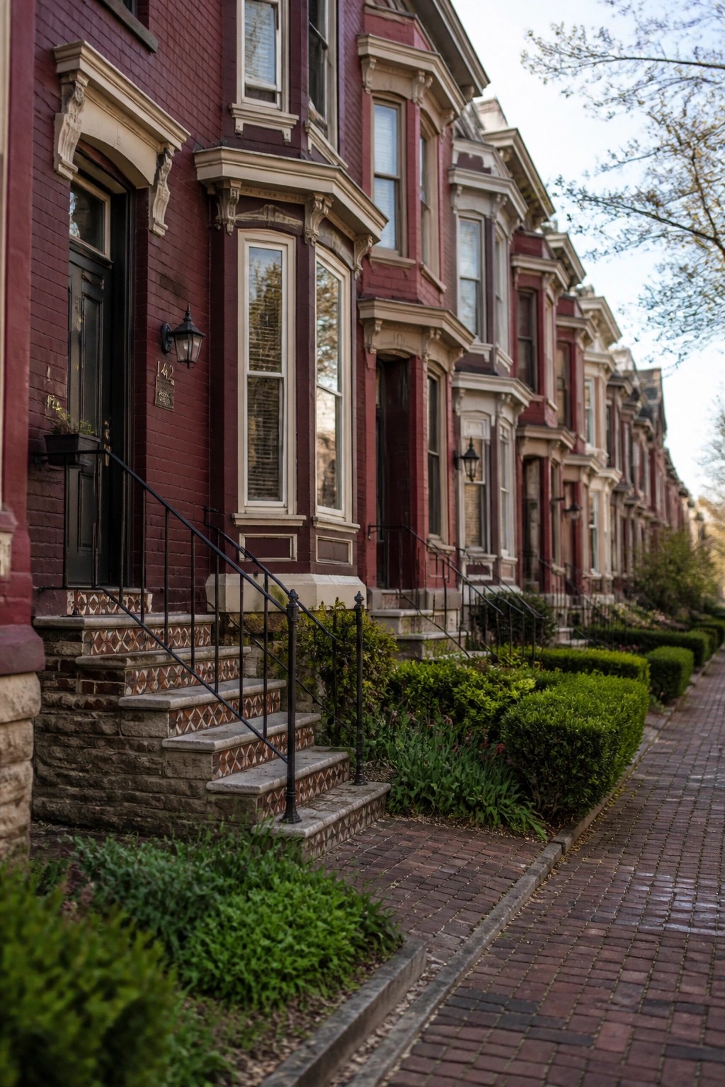 Red brick Victorian row houses with bay windows and stone steps along a sidewalk