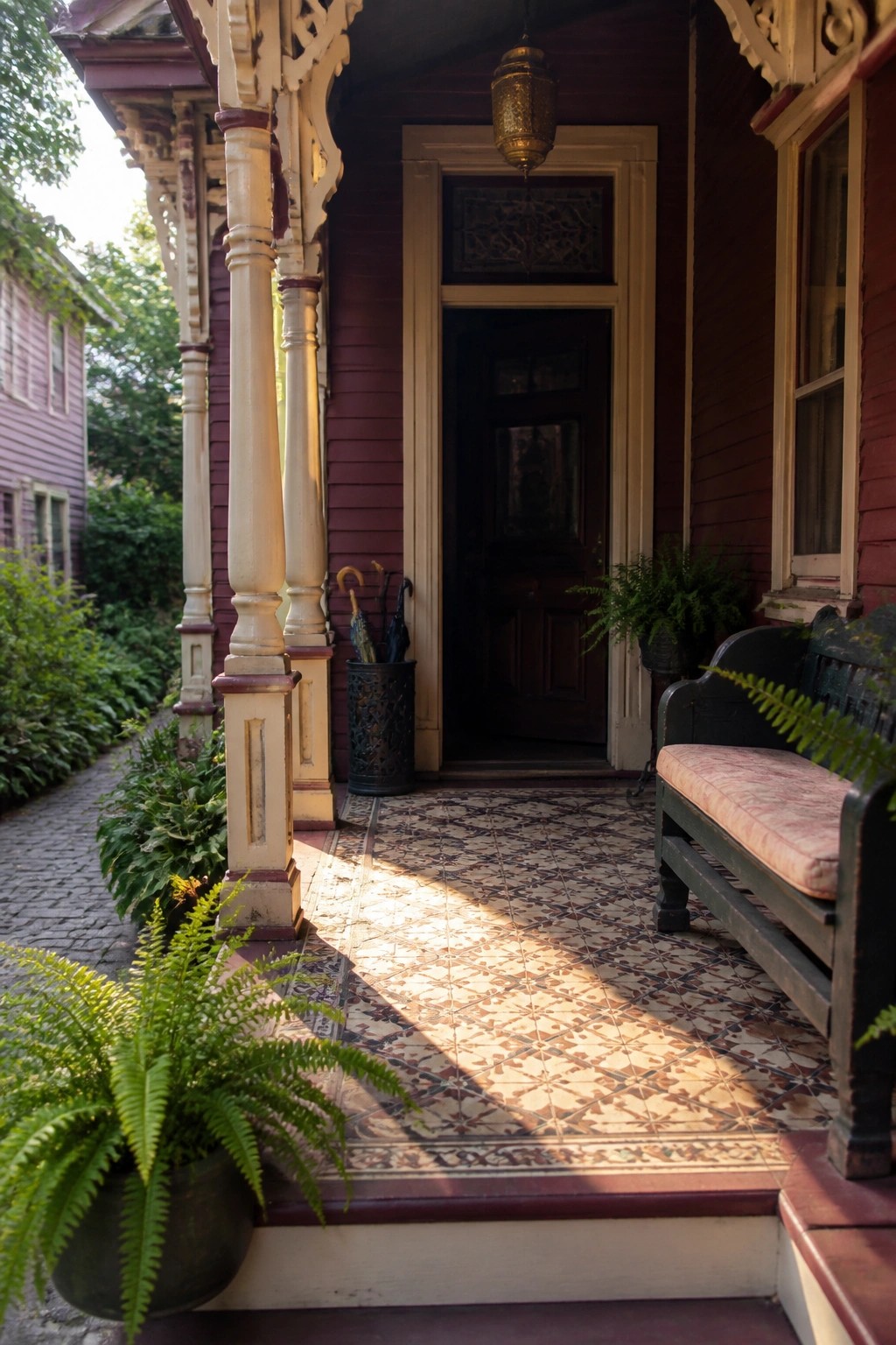 Front porch of a burgundy Victorian house with ornate cream trim on columns, a dark wooden door, patterned tile flooring, and potted ferns.