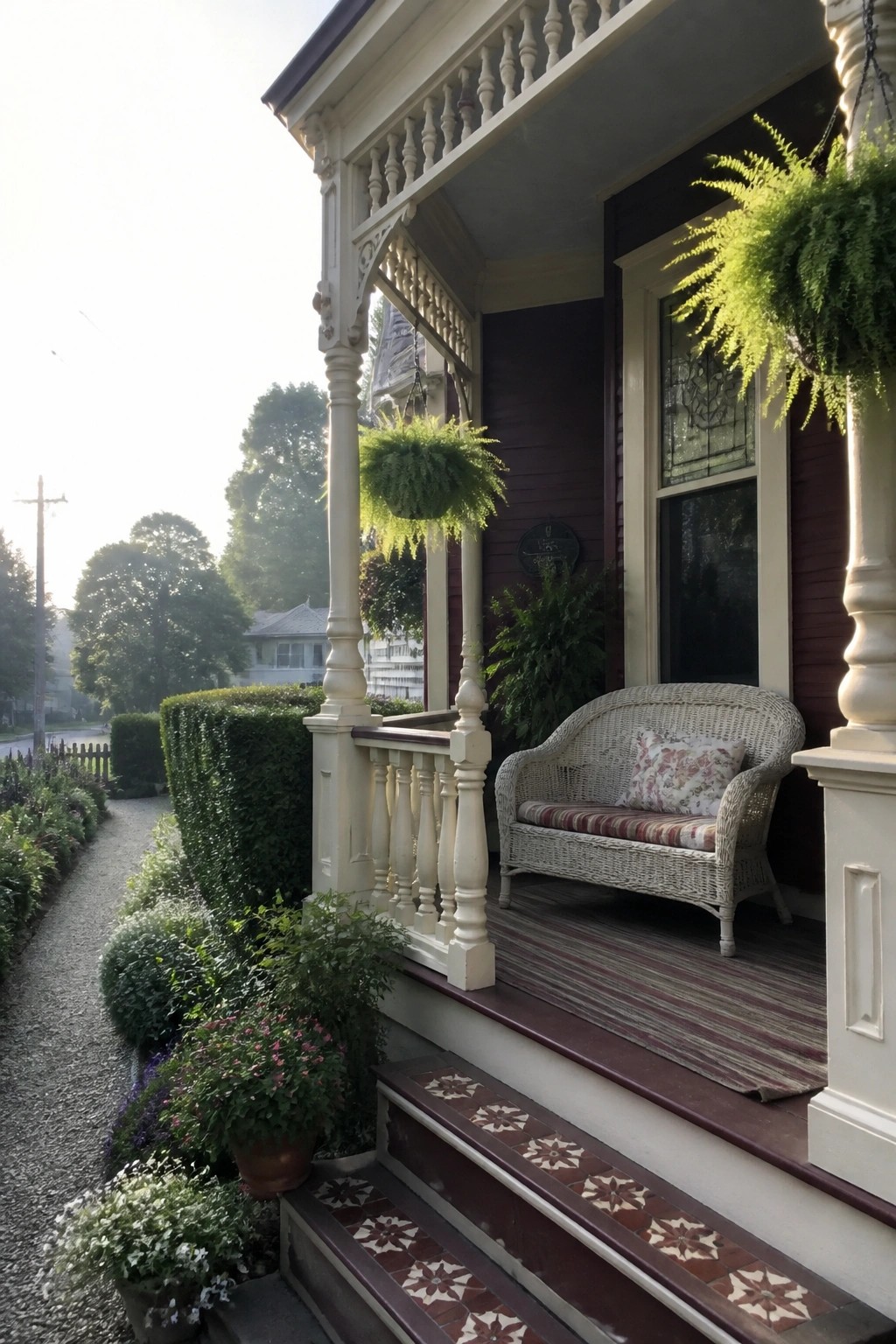 A burgundy Victorian house with ornate cream trim on the porch, white wicker chair on the striped rug, hanging ferns, and tiled steps leading to the front door.