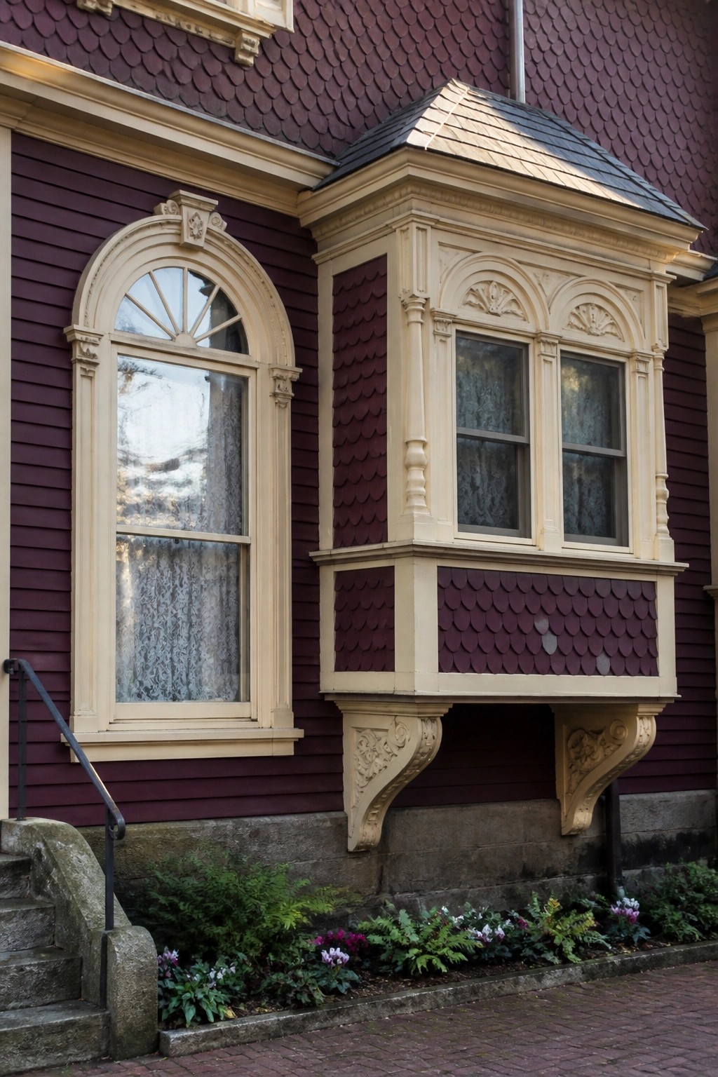 A burgundy Victorian house exterior with ornate cream trim around an arched window on the left and a projecting bay window on the right, set above a brick path and garden bed.