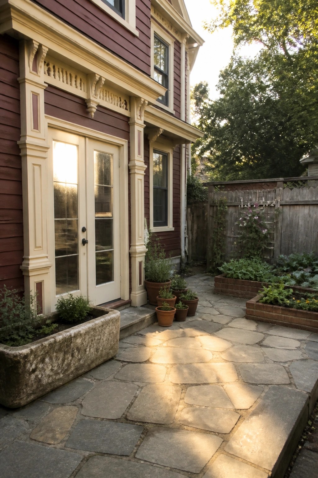 Red house with cream trim, glass doors, stone patio, potted plants, raised beds.