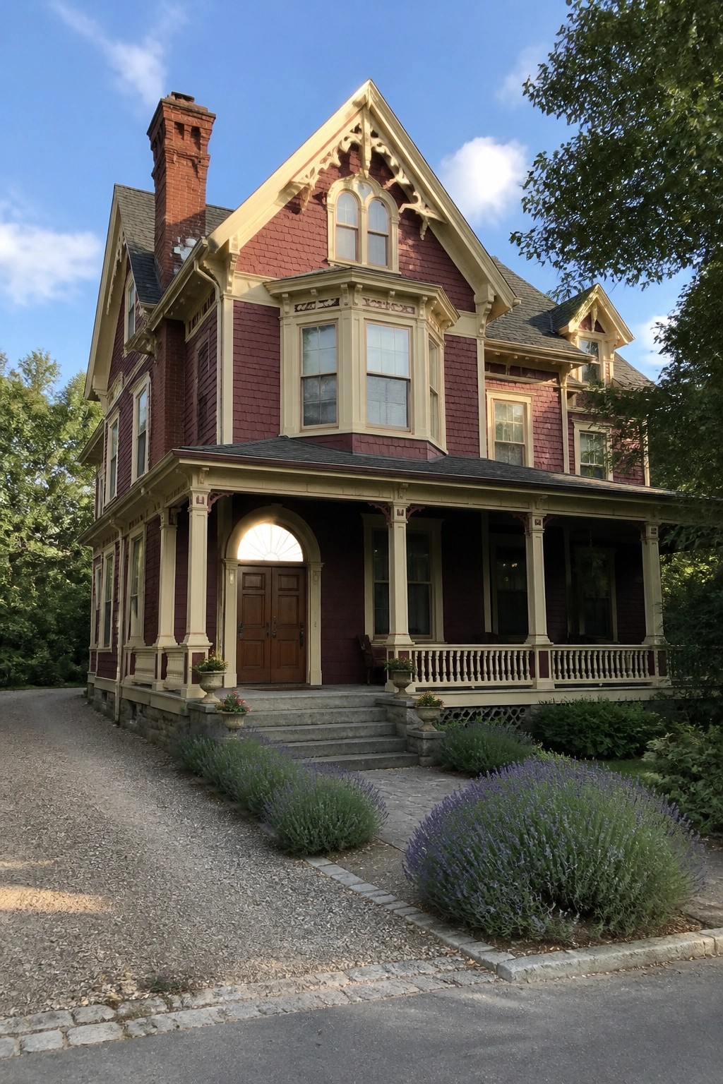 Red Victorian house with yellow trim, wrap-around porch, and lavender bushes.
