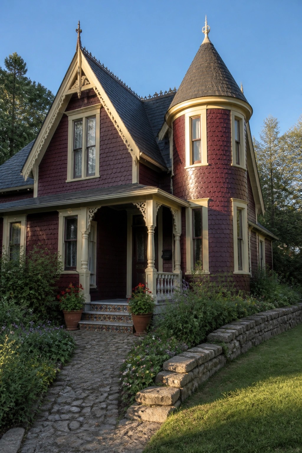 Red Victorian house with turret, ornate porch, cobblestone path, and garden