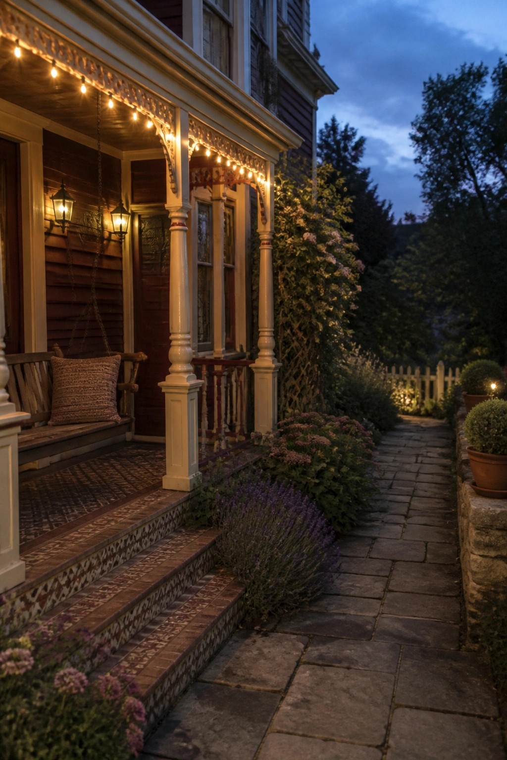 Illuminated Victorian porch with string lights beside a lavender-lined stone path at dusk