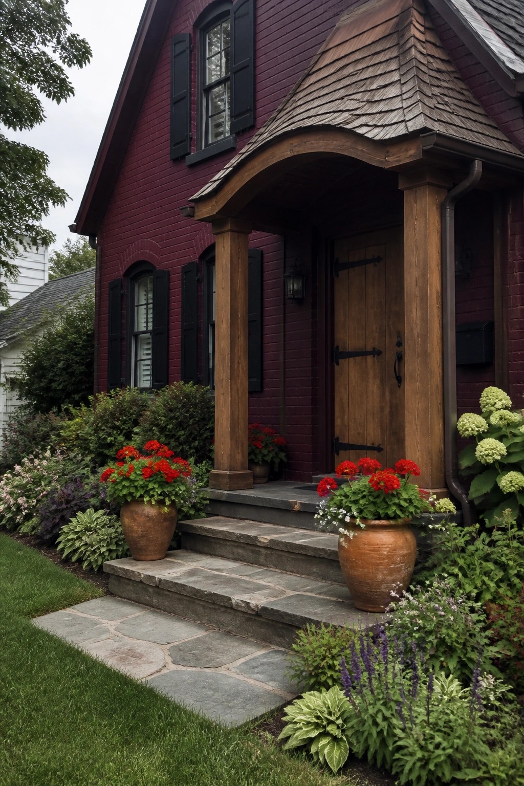 Red house with wooden porch, stone steps, and terracotta pots of red flowers