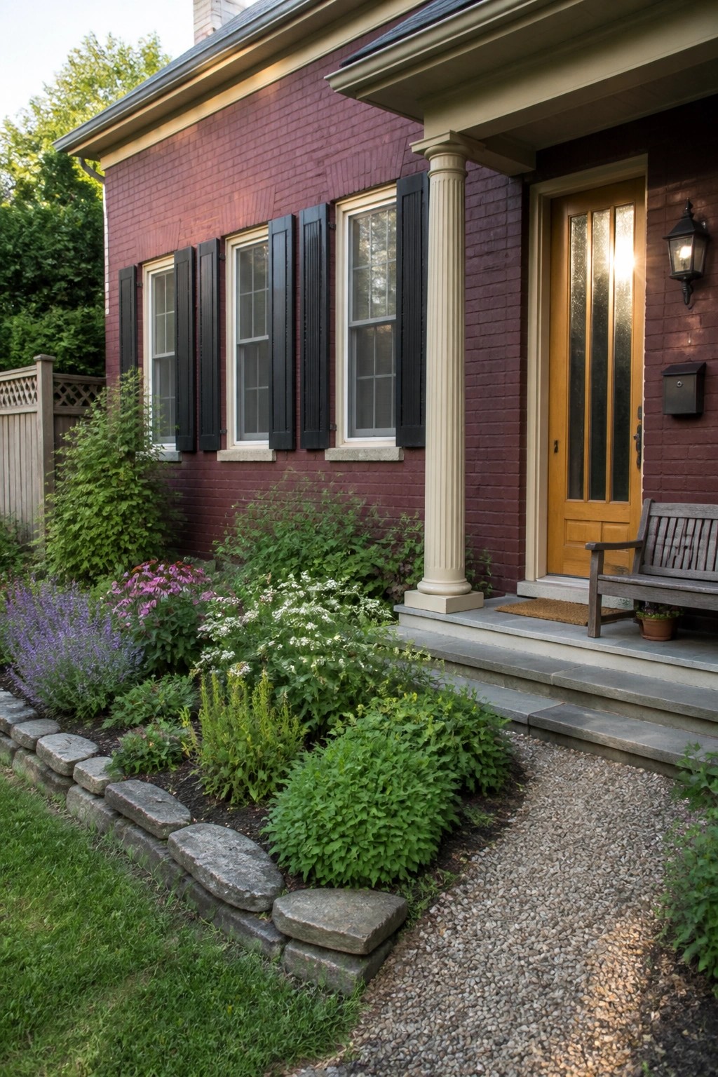 A deep burgundy brick house with black shutters on multiple windows, a light-colored column at the entry, and a wooden door on the front porch.