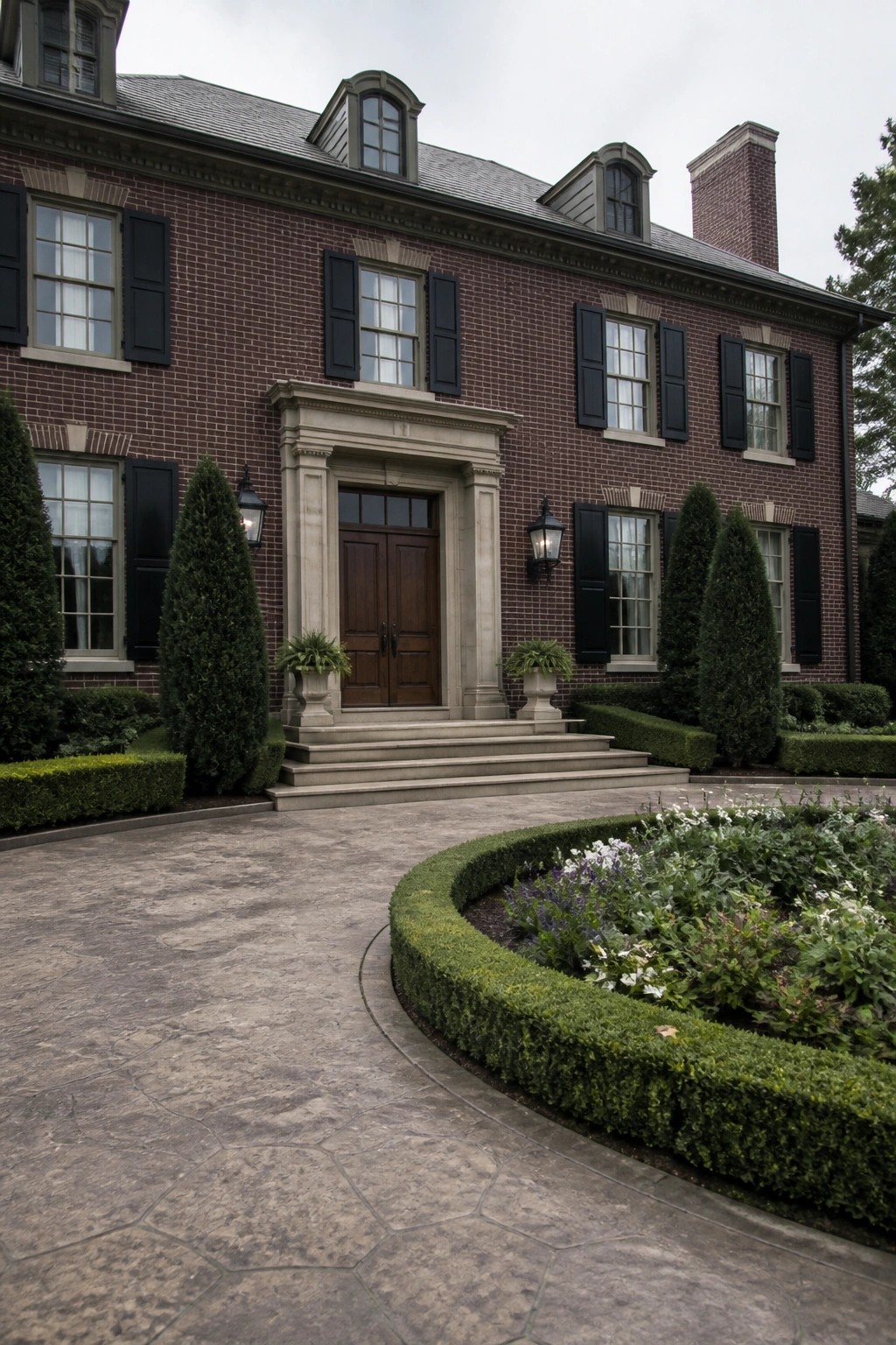 A two-story brick house in deep burgundy with black shutters on the windows and a stone entry surround around double wooden doors.